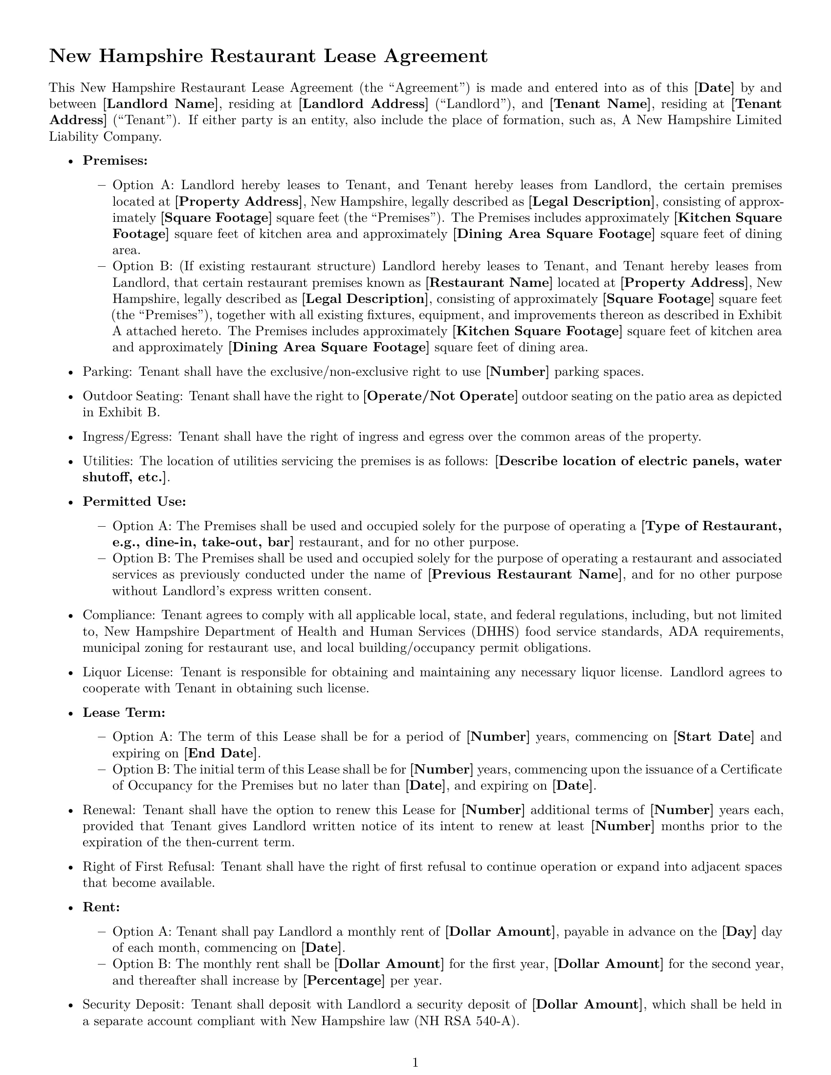 Preview page 1 of Free New Hampshire restaurant lease agreement template