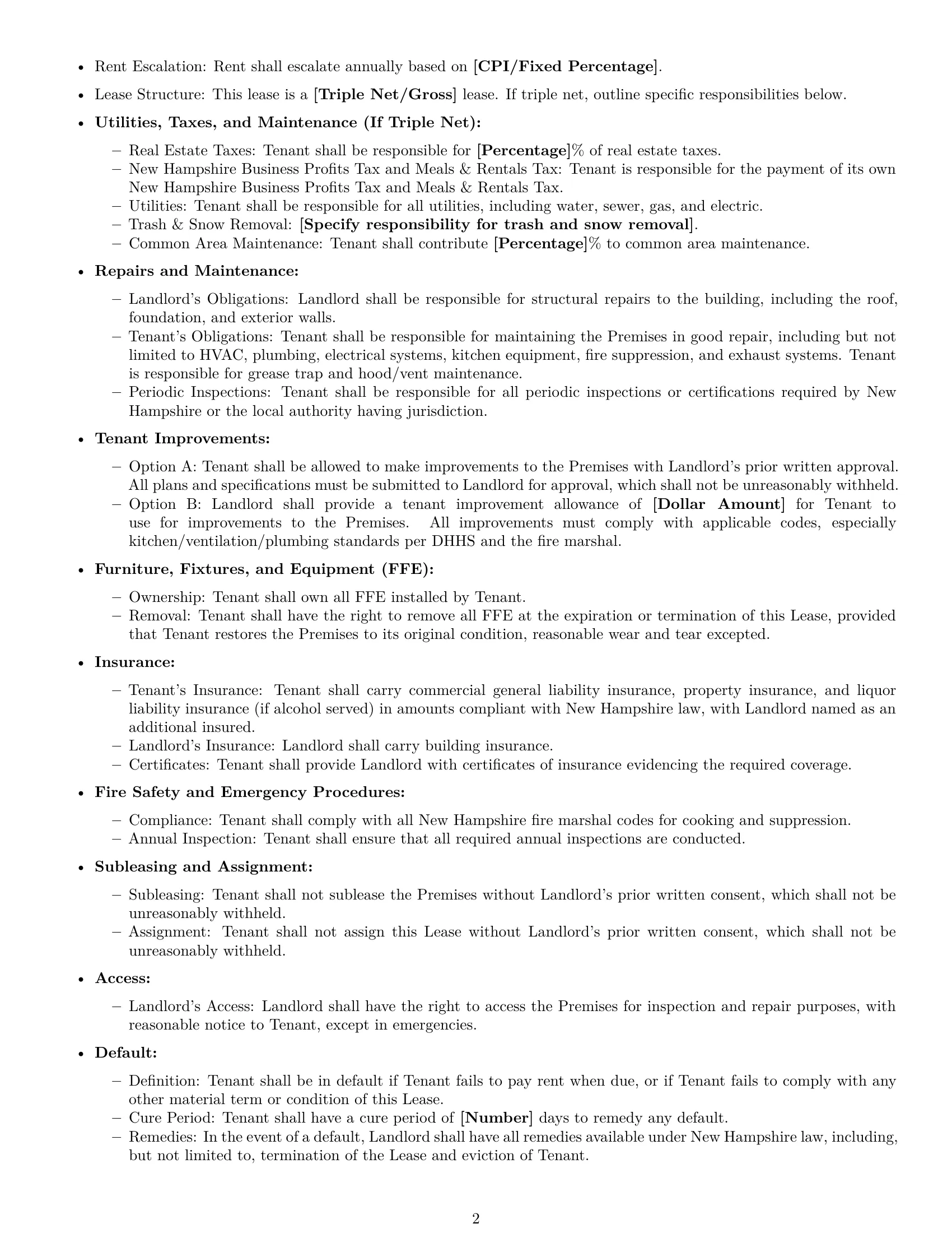 Preview page 2 of Free New Hampshire restaurant lease agreement template