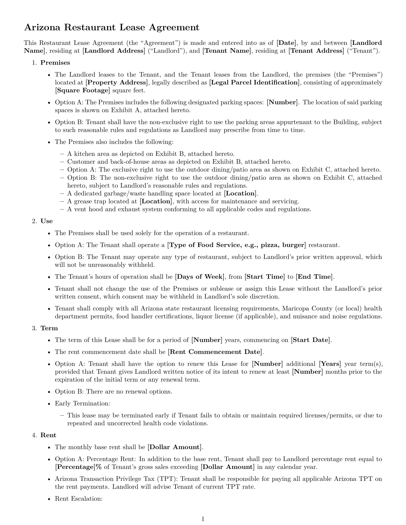 Preview page 1 of Free Arizona restaurant lease agreement template