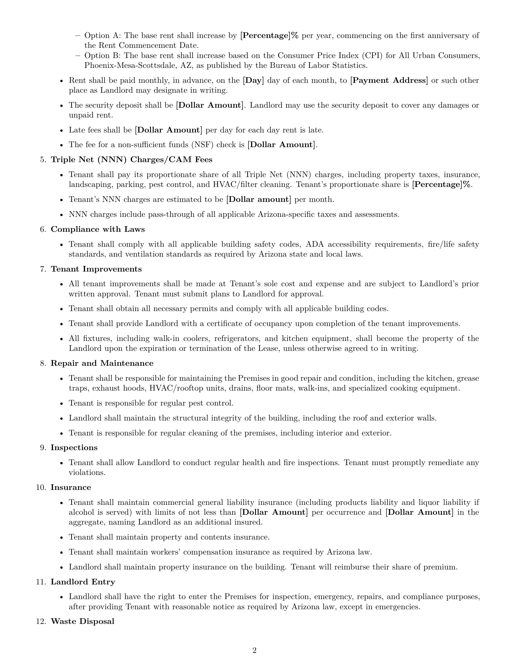 Preview page 2 of Free Arizona restaurant lease agreement template