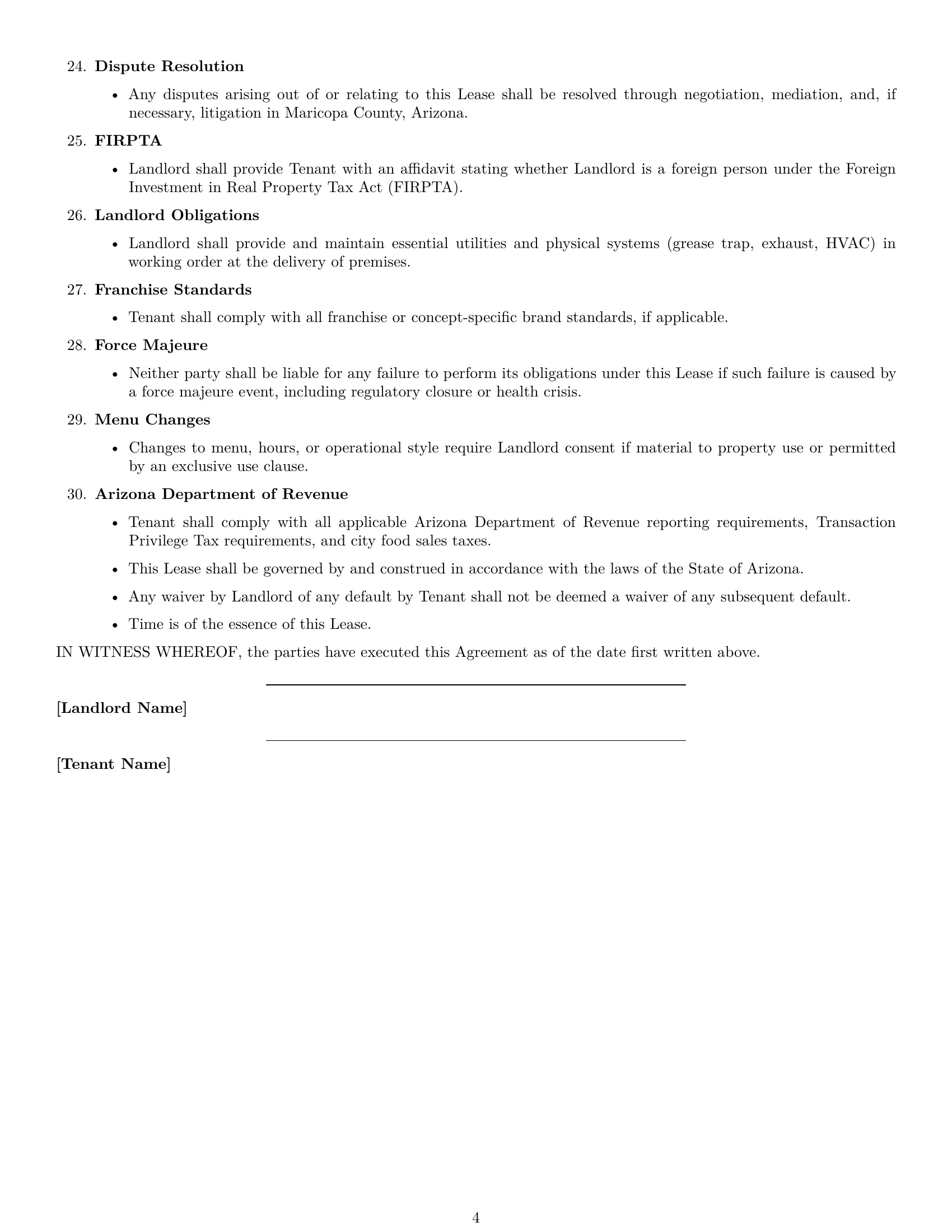 Preview page 4 of Free Arizona restaurant lease agreement template