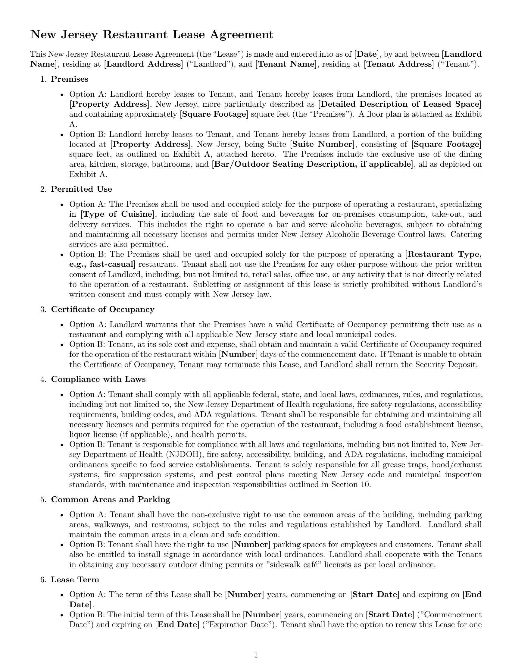 Preview page 1 of Free New Jersey restaurant lease agreement template
