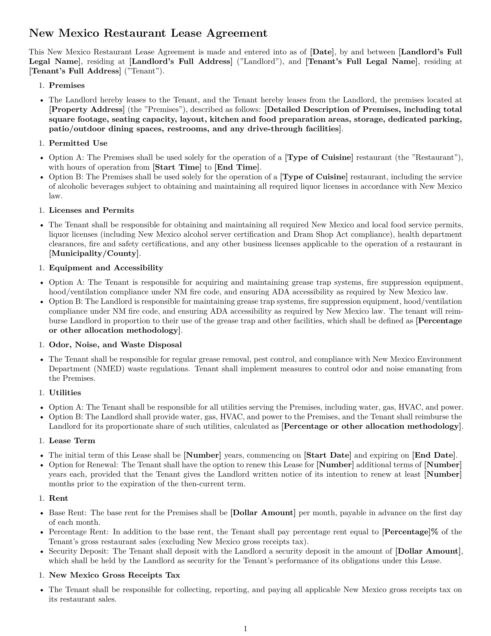 Preview page 1 of Free New Mexico restaurant lease agreement template