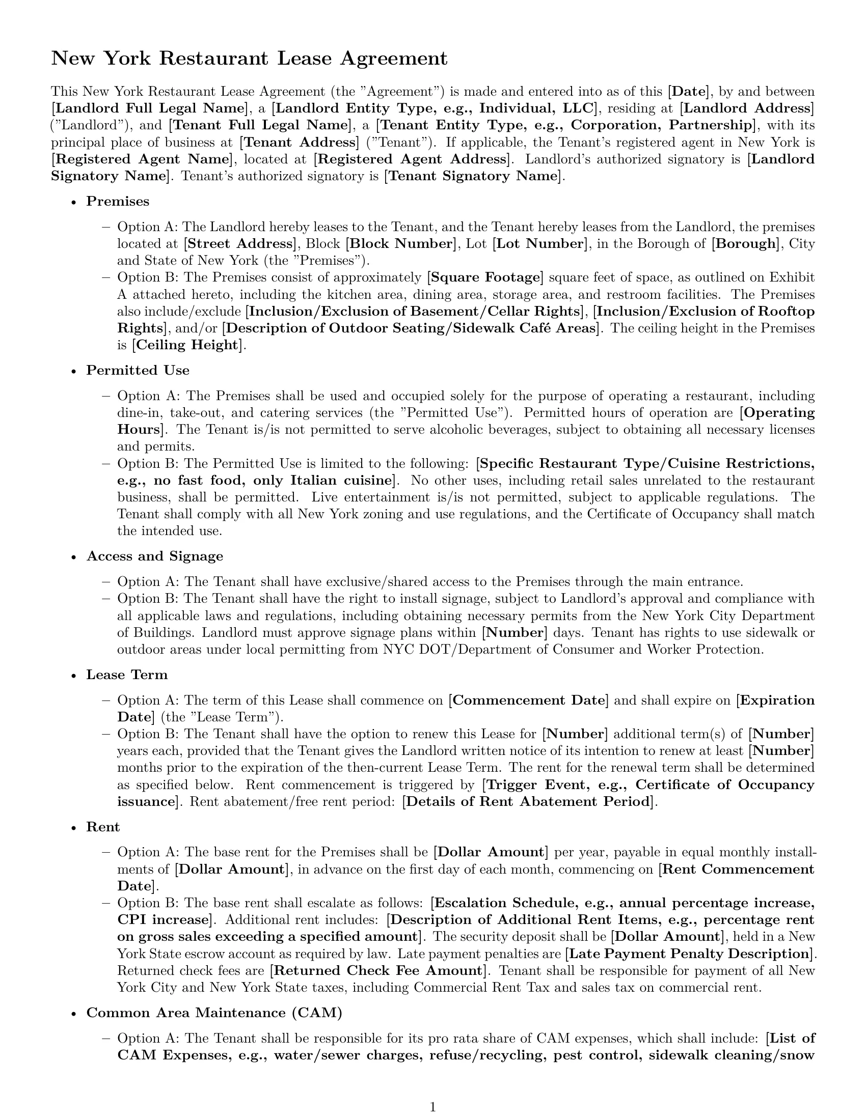 Preview page 1 of Free New York restaurant lease agreement template