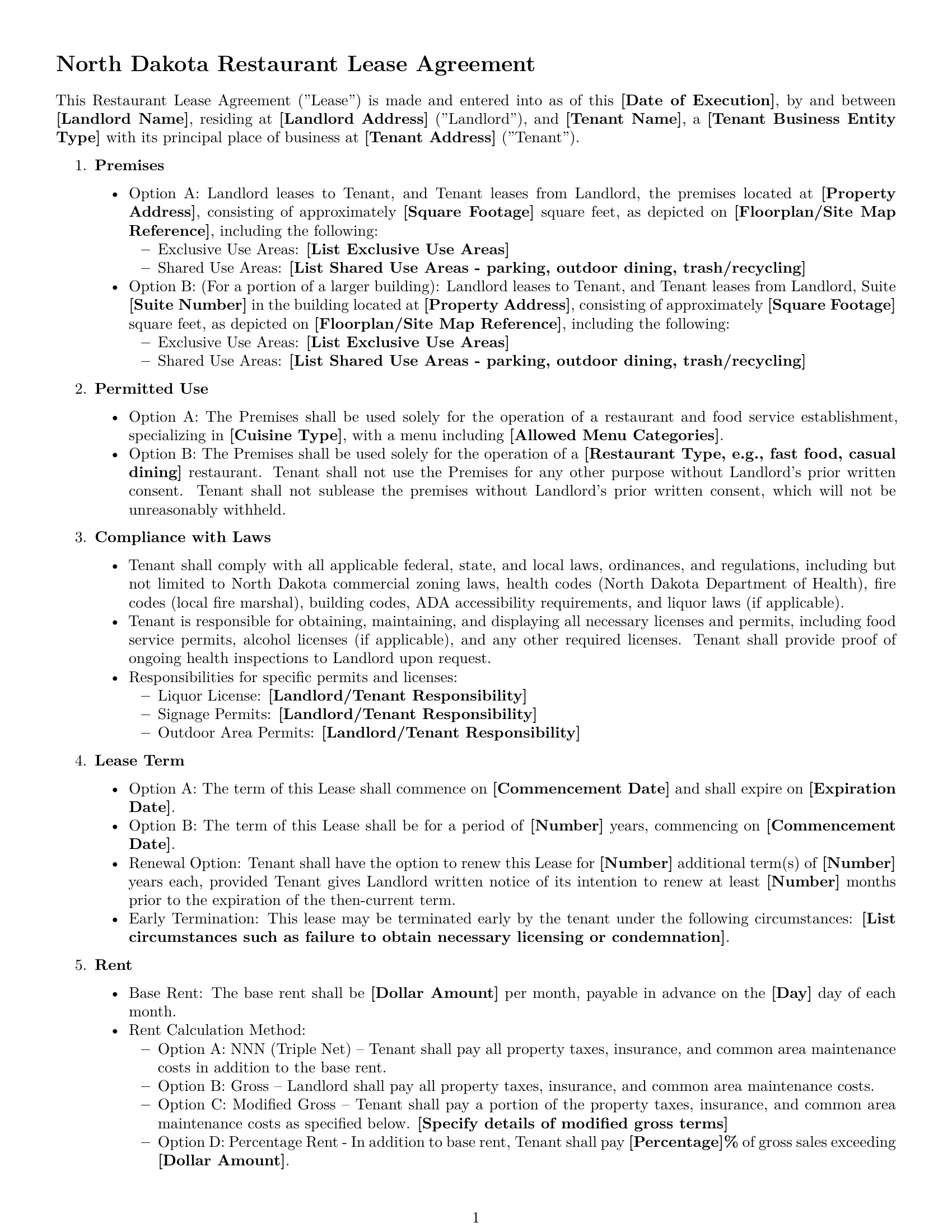 Preview page 1 of Free North Dakota restaurant lease agreement template