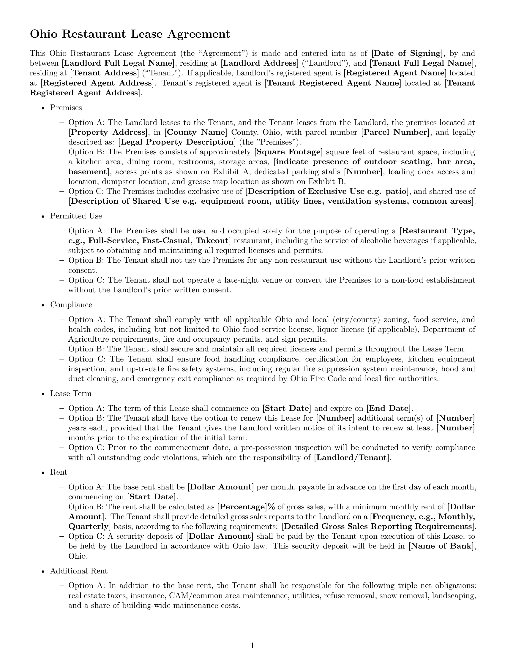 Preview page 1 of Free Ohio restaurant lease agreement template