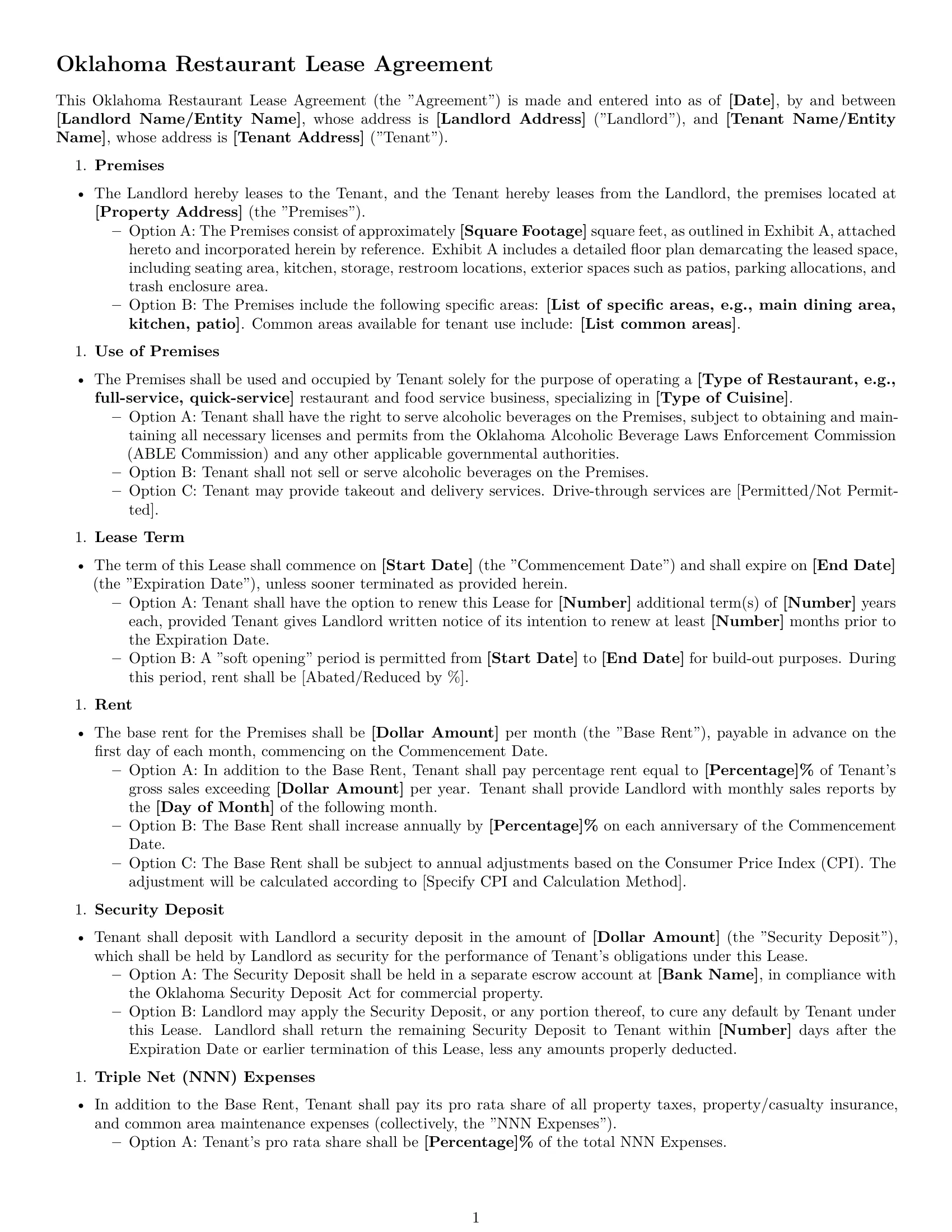 Preview page 1 of Free Oklahoma restaurant lease agreement template