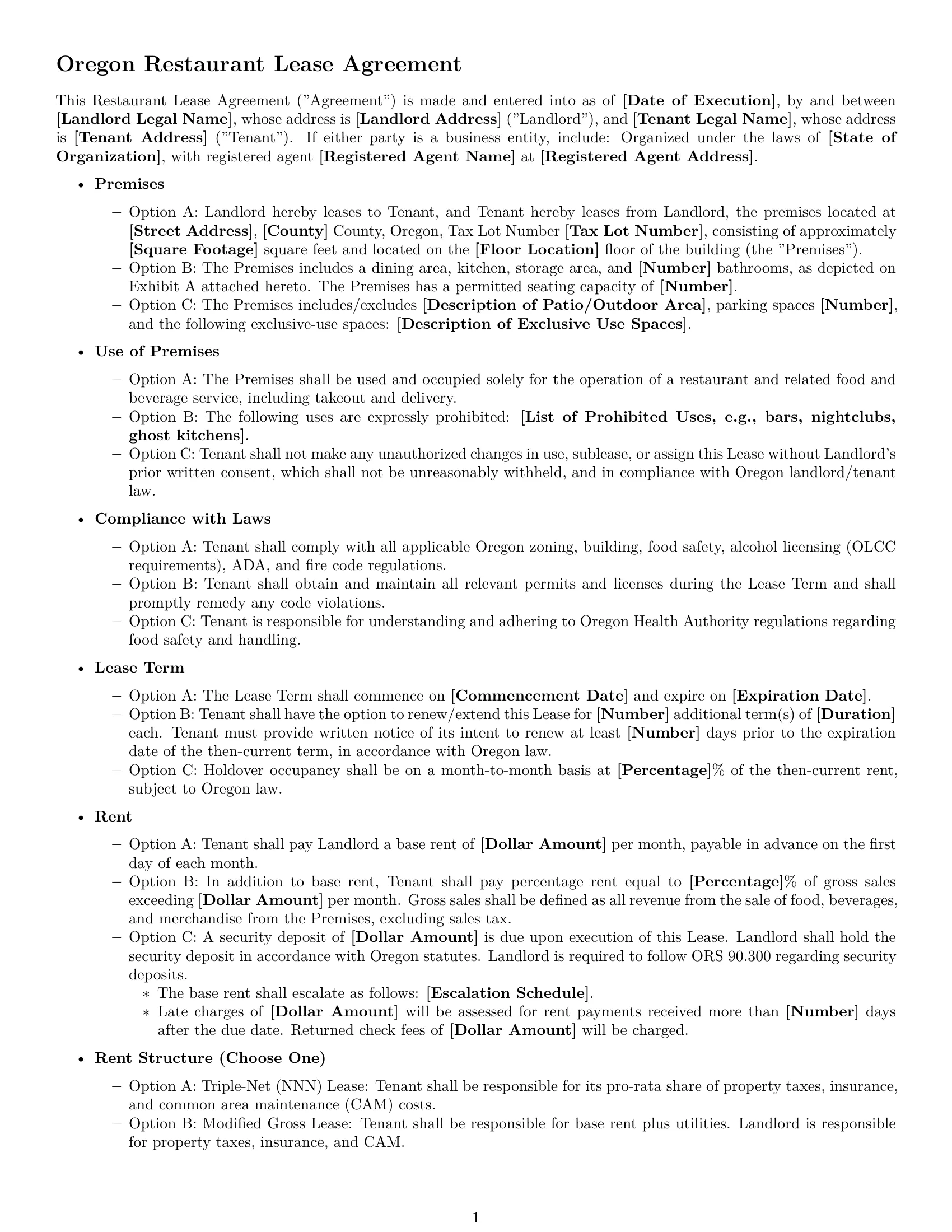 Preview page 1 of Free Oregon restaurant lease agreement template