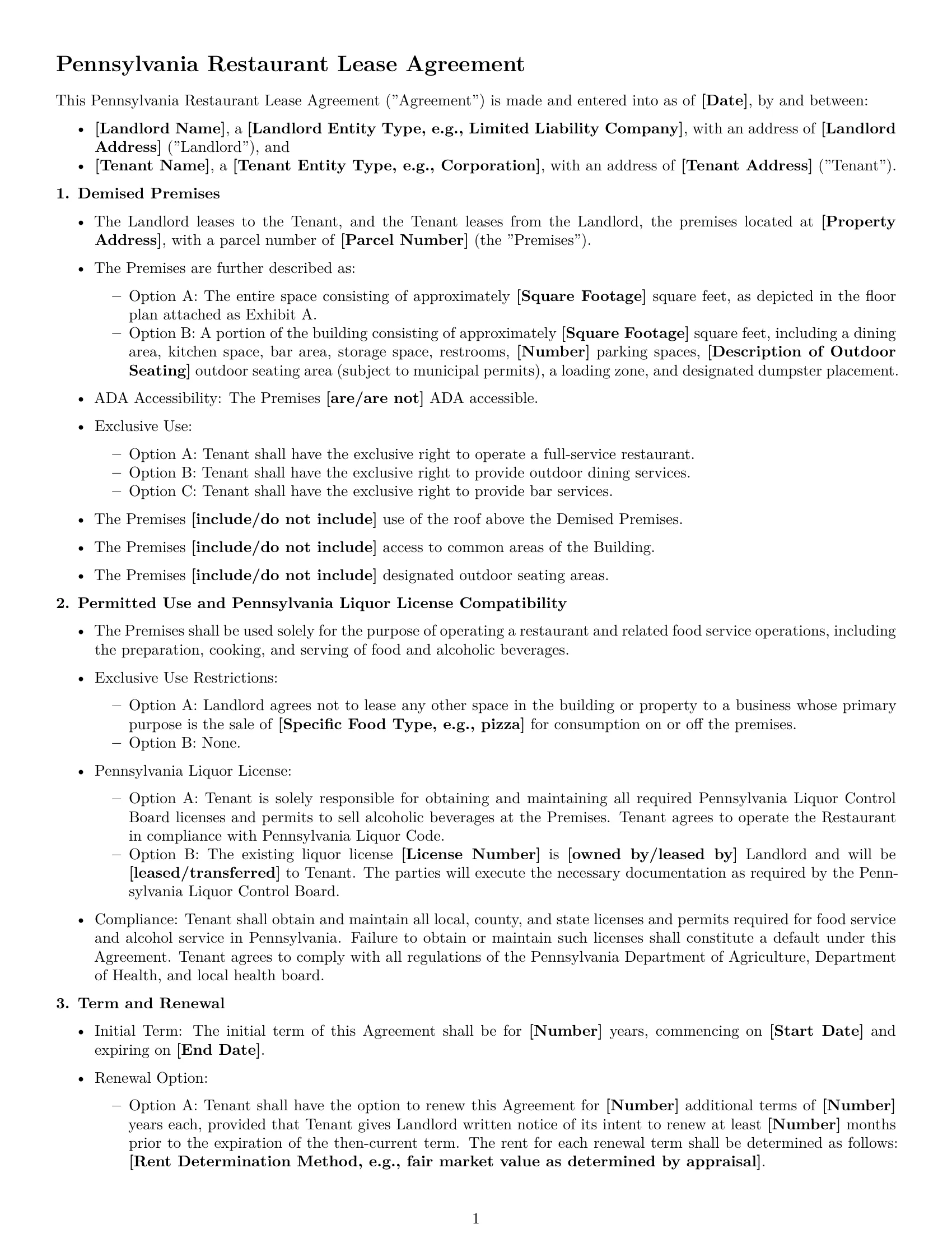 Preview page 1 of Free Pennsylvania restaurant lease agreement template