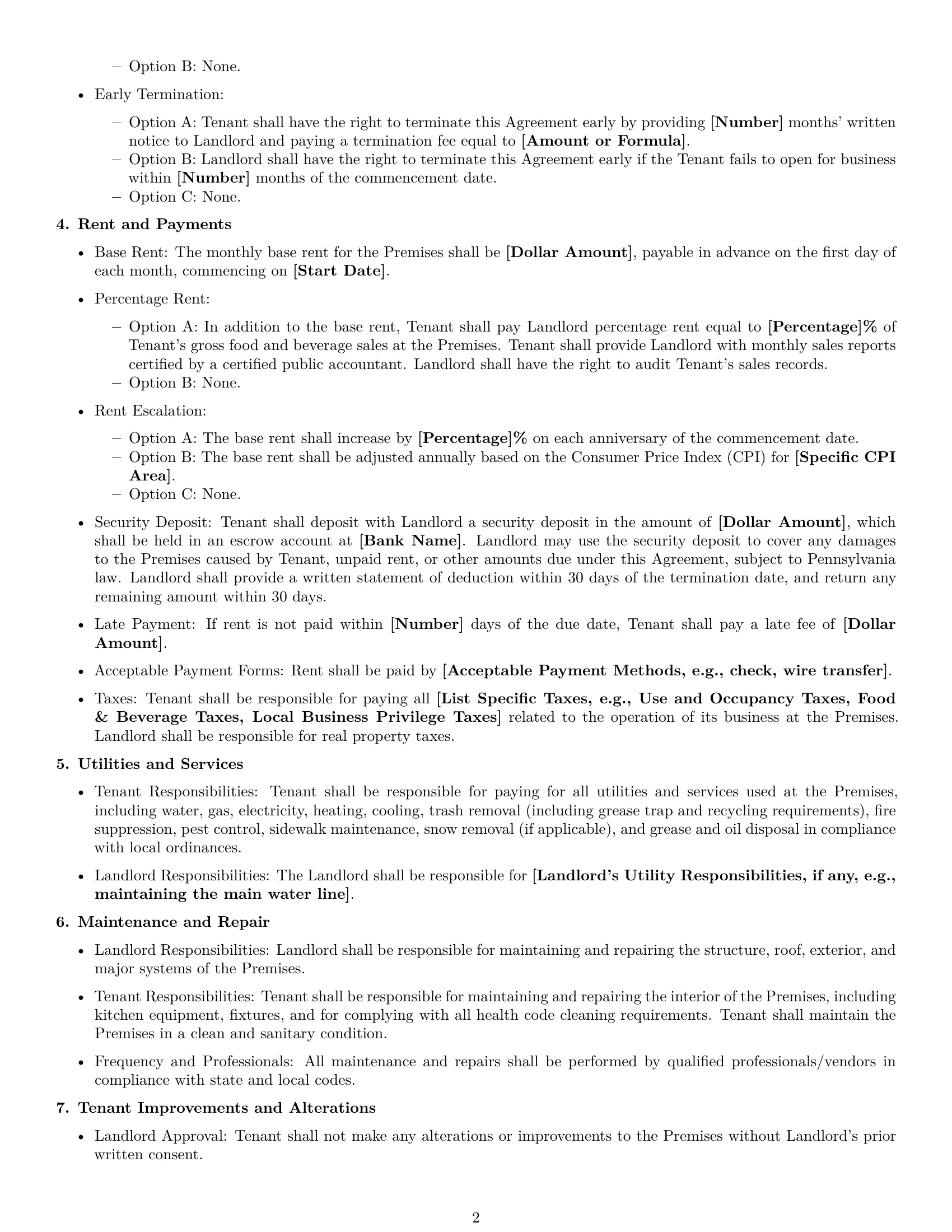 Preview page 2 of Free Pennsylvania restaurant lease agreement template