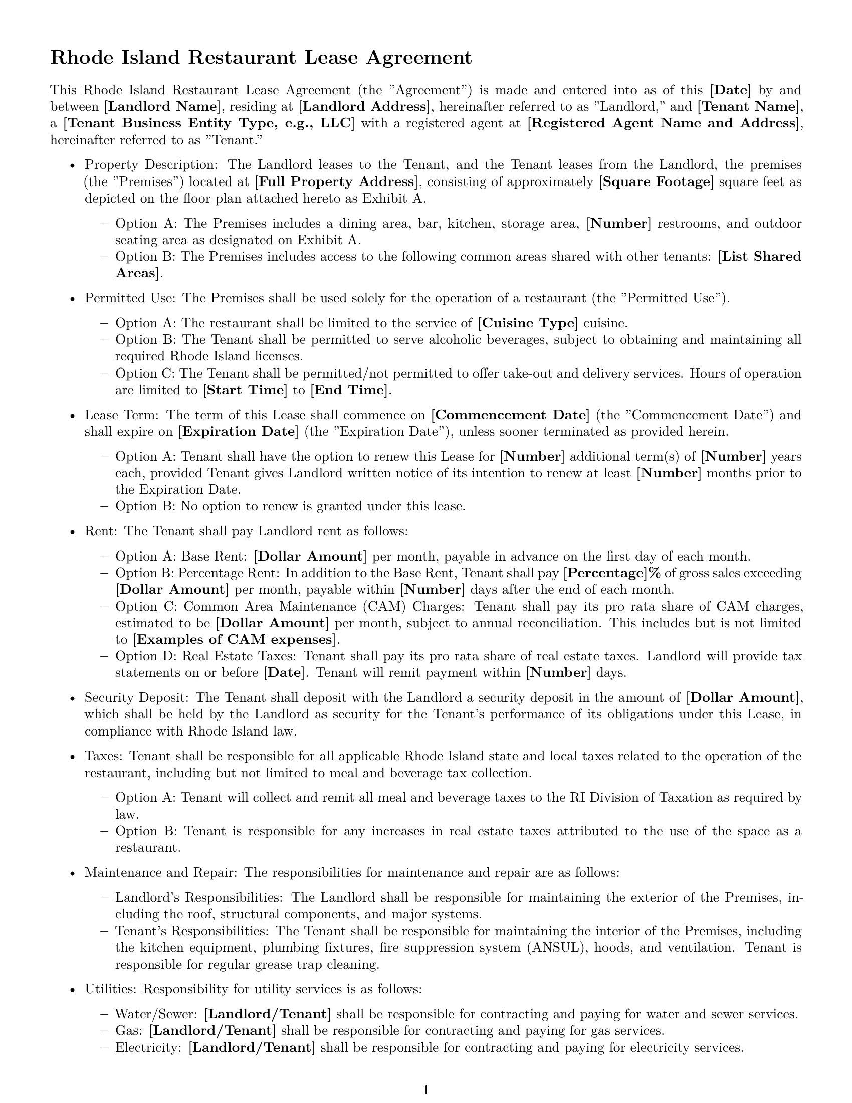 Preview page 1 of Free Rhode Island restaurant lease agreement template