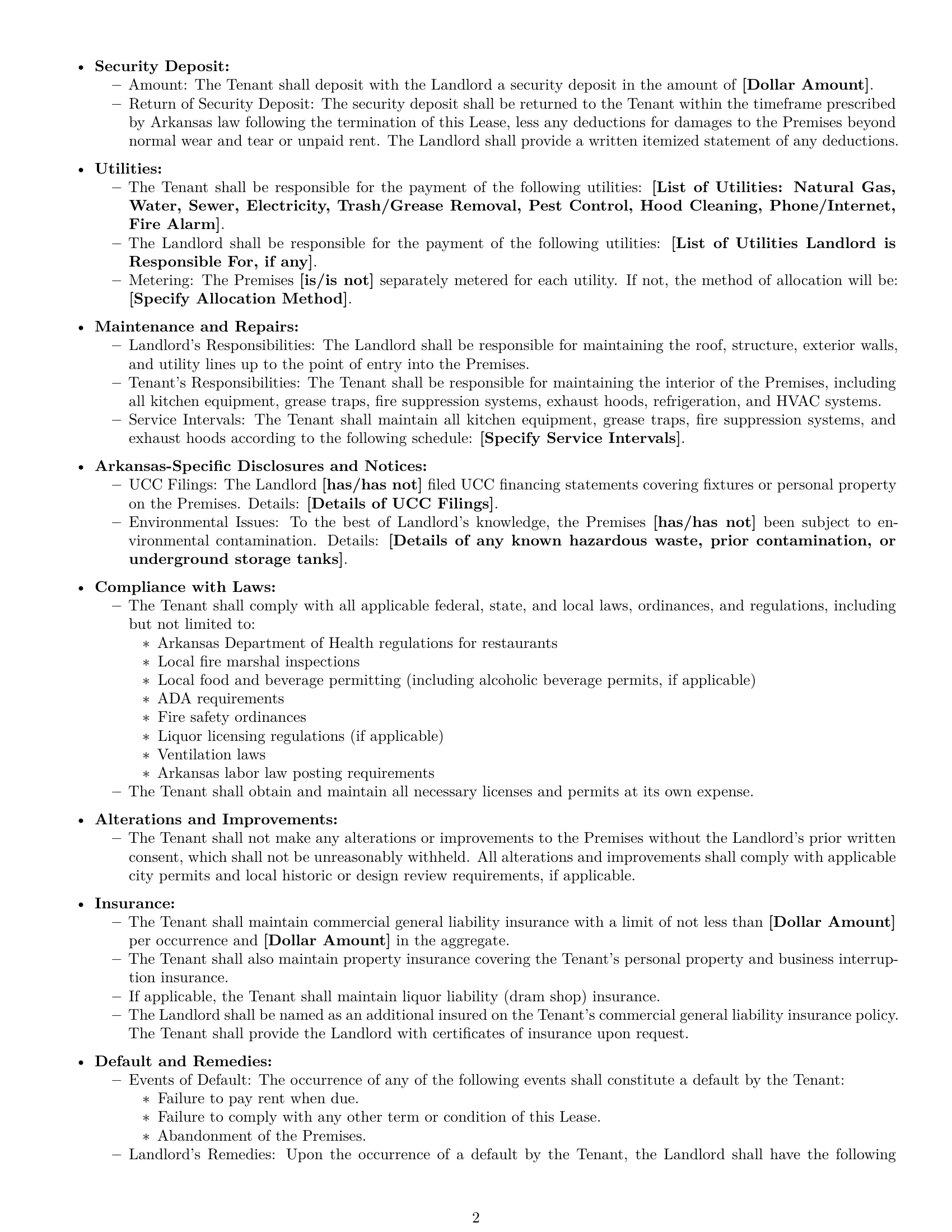 Preview page 2 of Free Arkansas restaurant lease agreement template