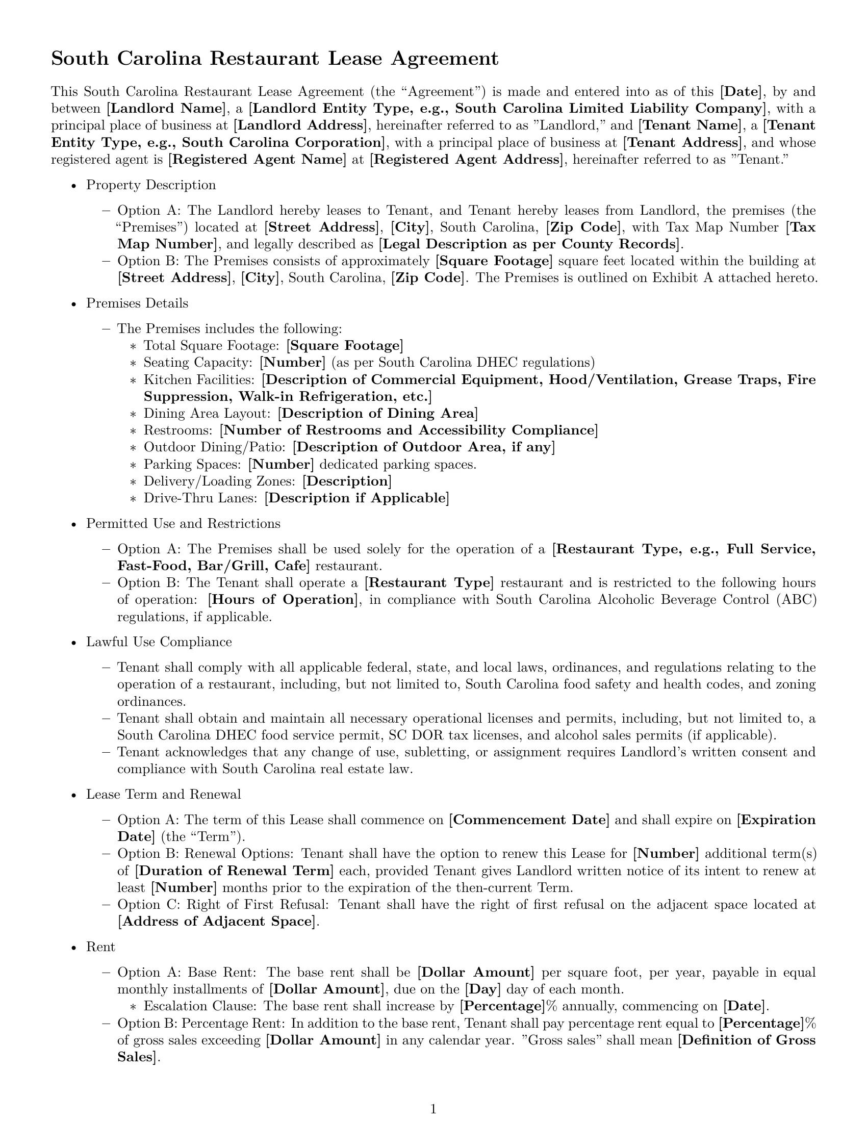 Preview page 1 of Free South Carolina restaurant lease agreement template