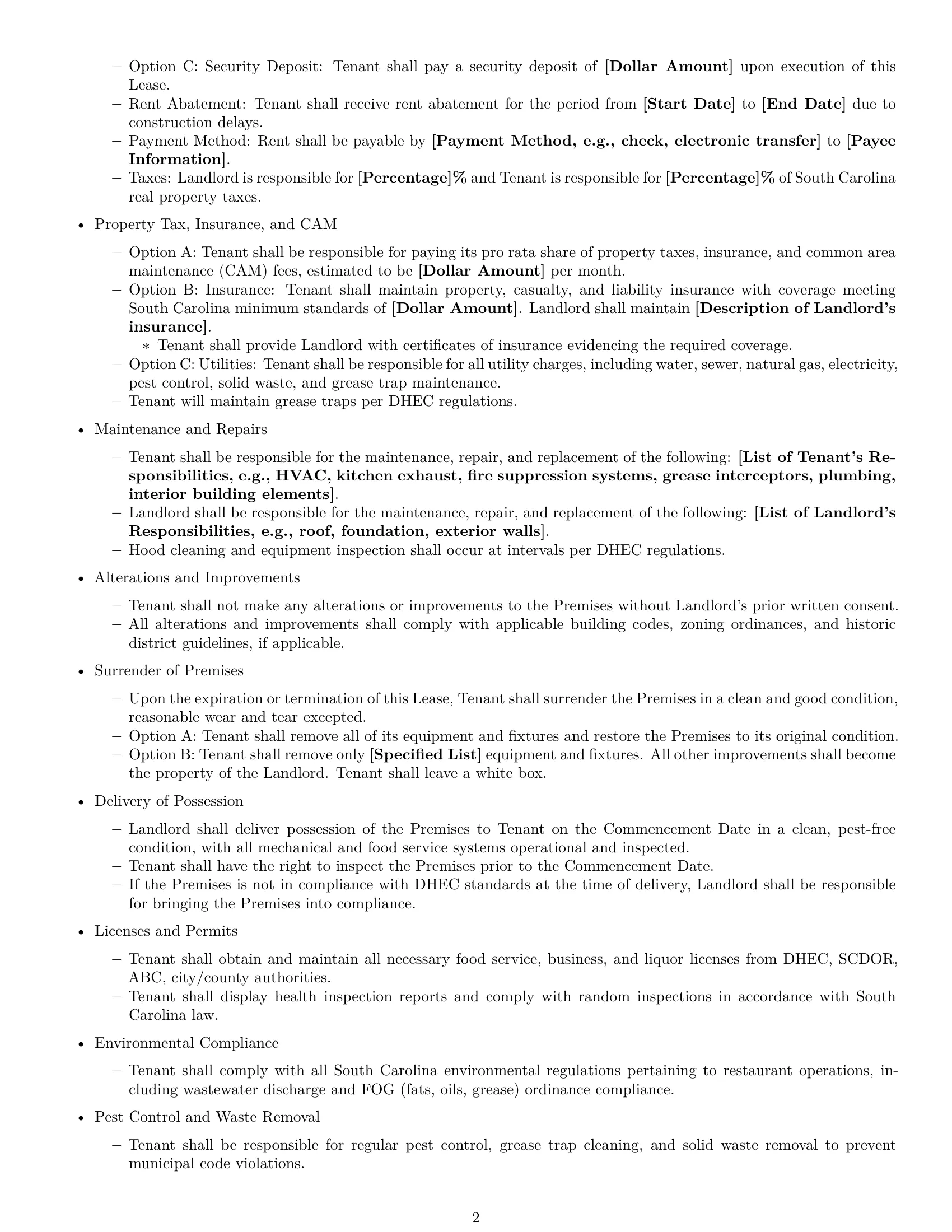 Preview page 2 of Free South Carolina restaurant lease agreement template