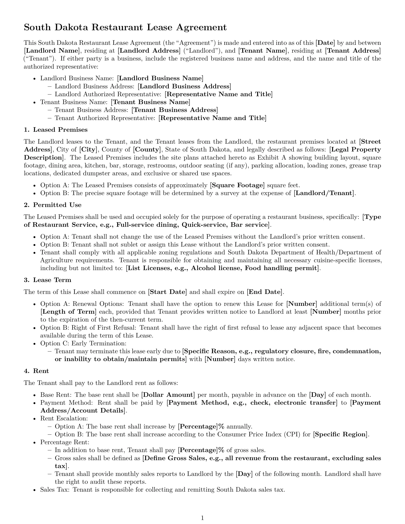 Preview page 1 of Free South Dakota restaurant lease agreement template