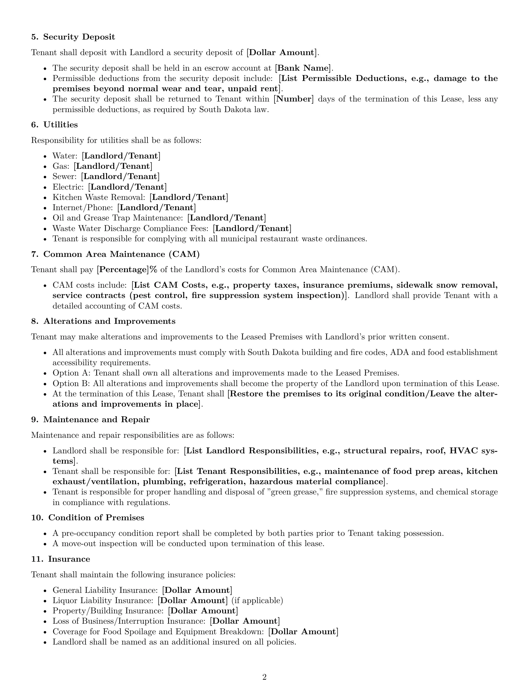 Preview page 2 of Free South Dakota restaurant lease agreement template