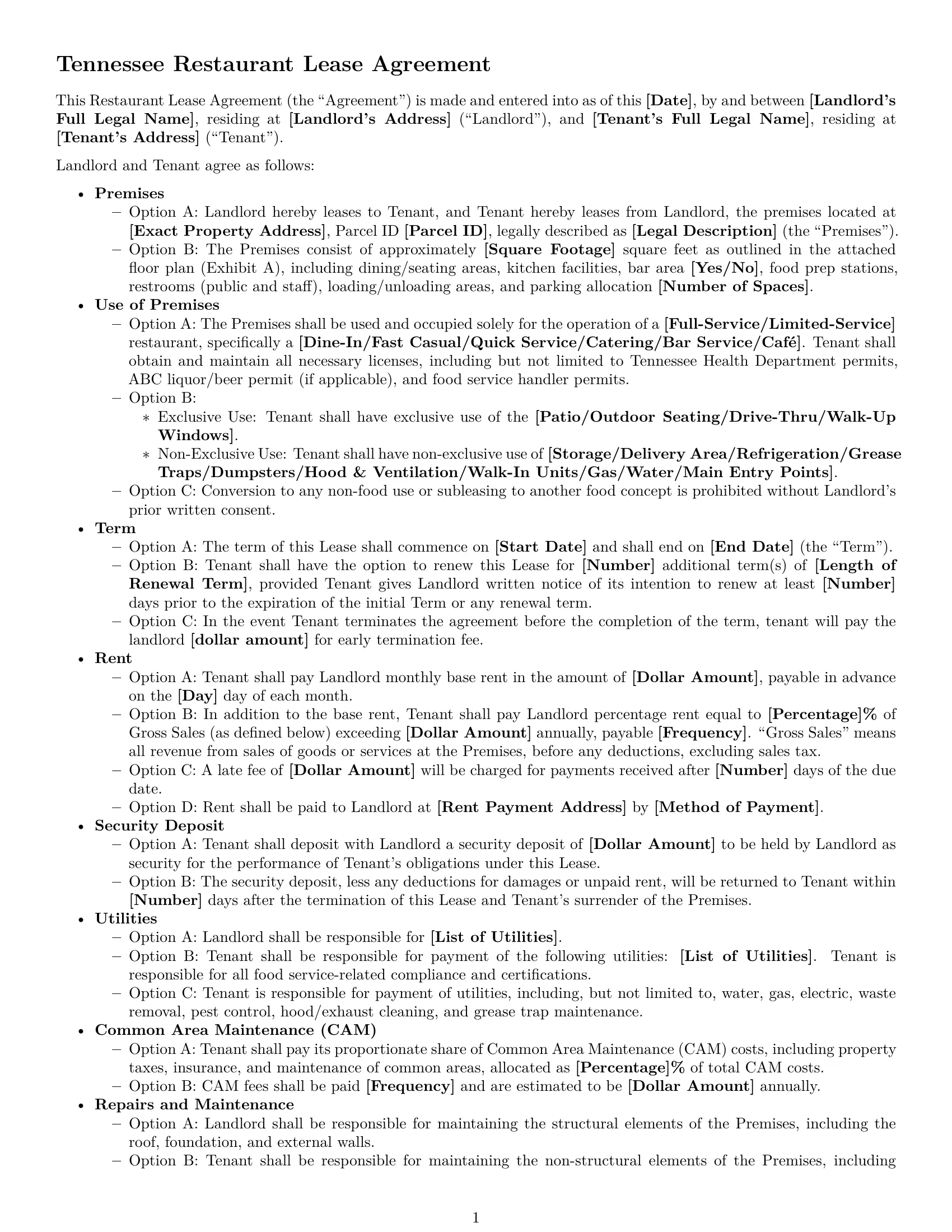 Preview page 1 of Free Tennessee restaurant lease agreement template