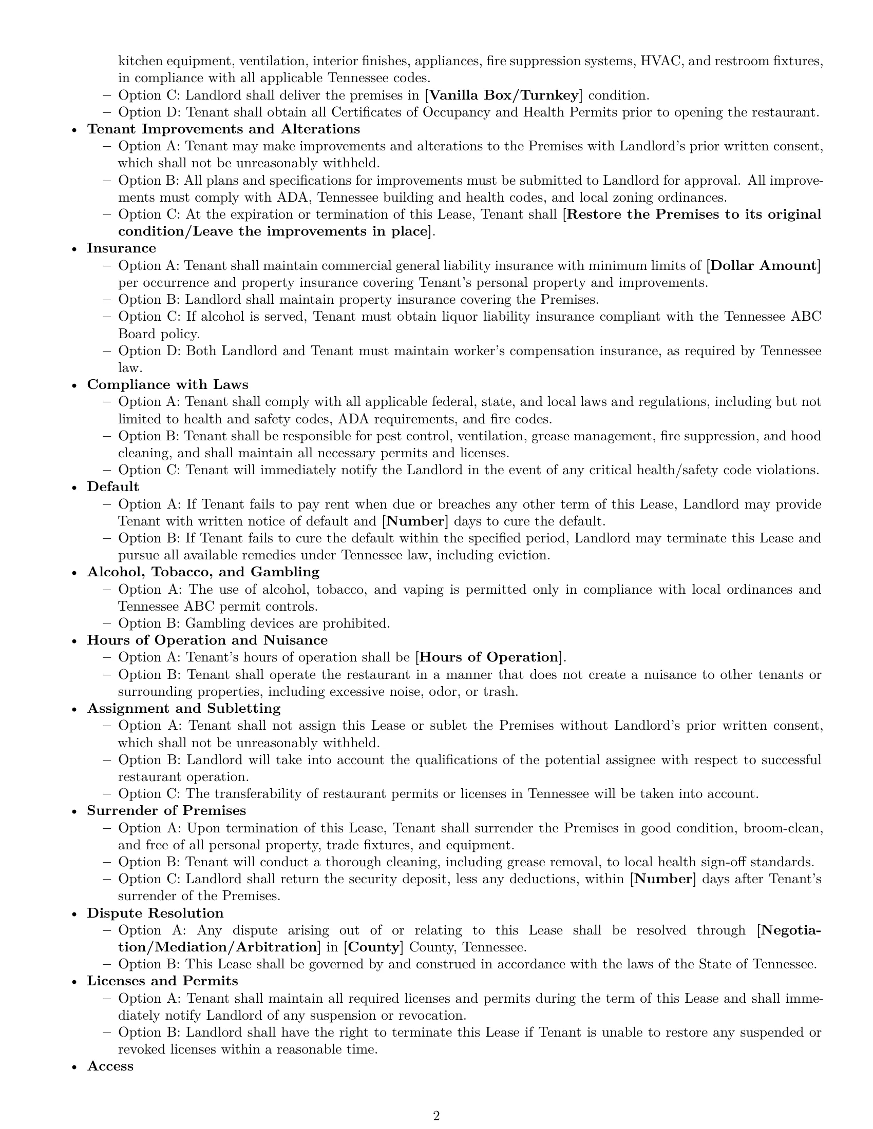 Preview page 2 of Free Tennessee restaurant lease agreement template