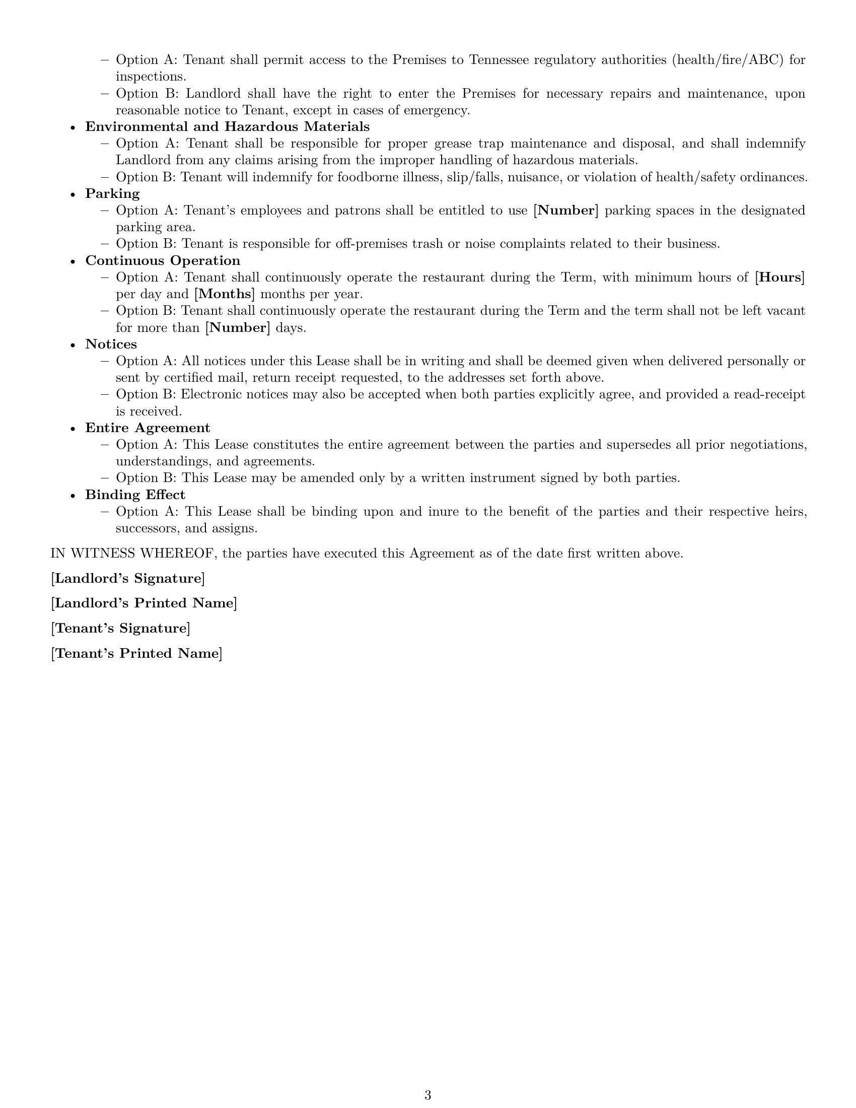 Preview page 3 of Free Tennessee restaurant lease agreement template