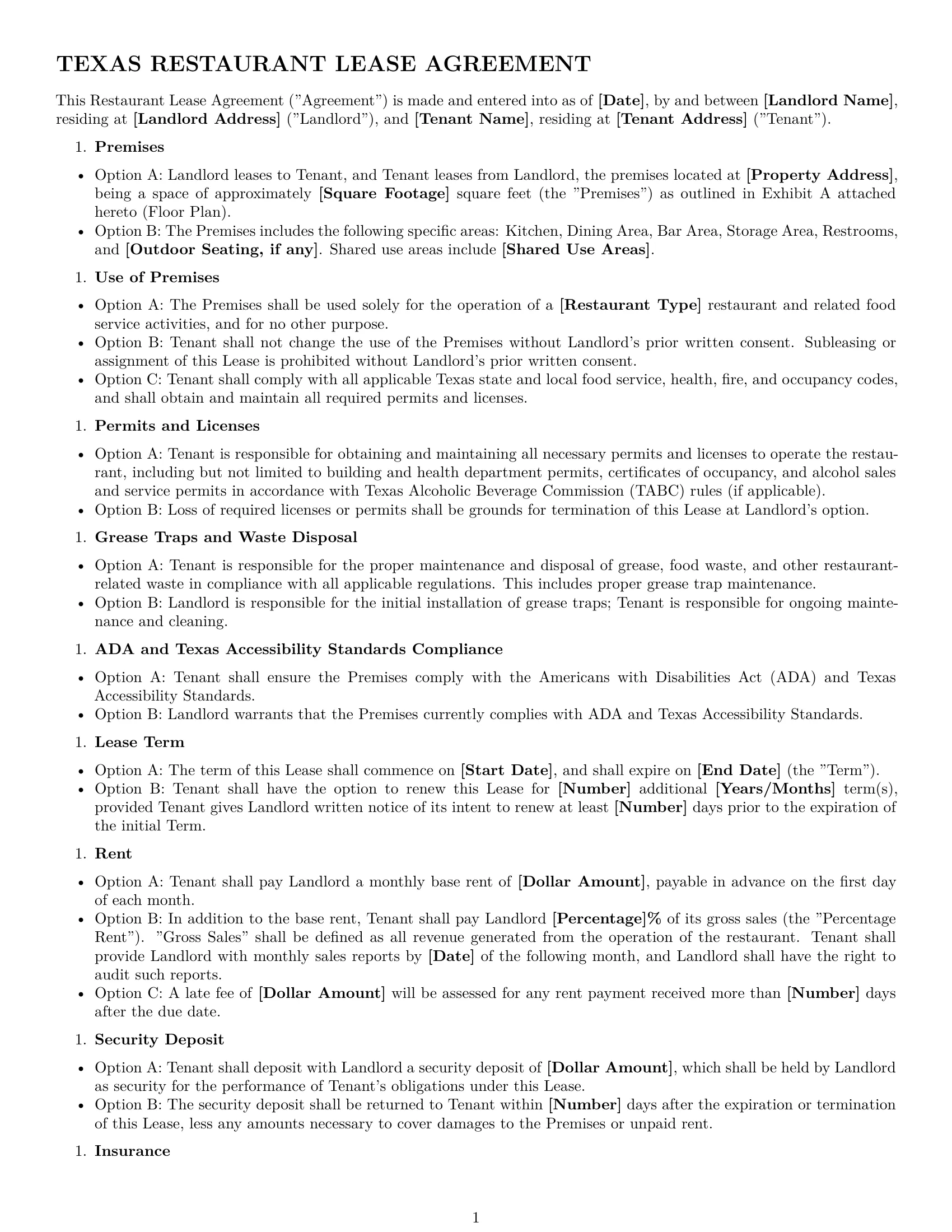 Preview page 1 of Free Texas restaurant lease agreement template