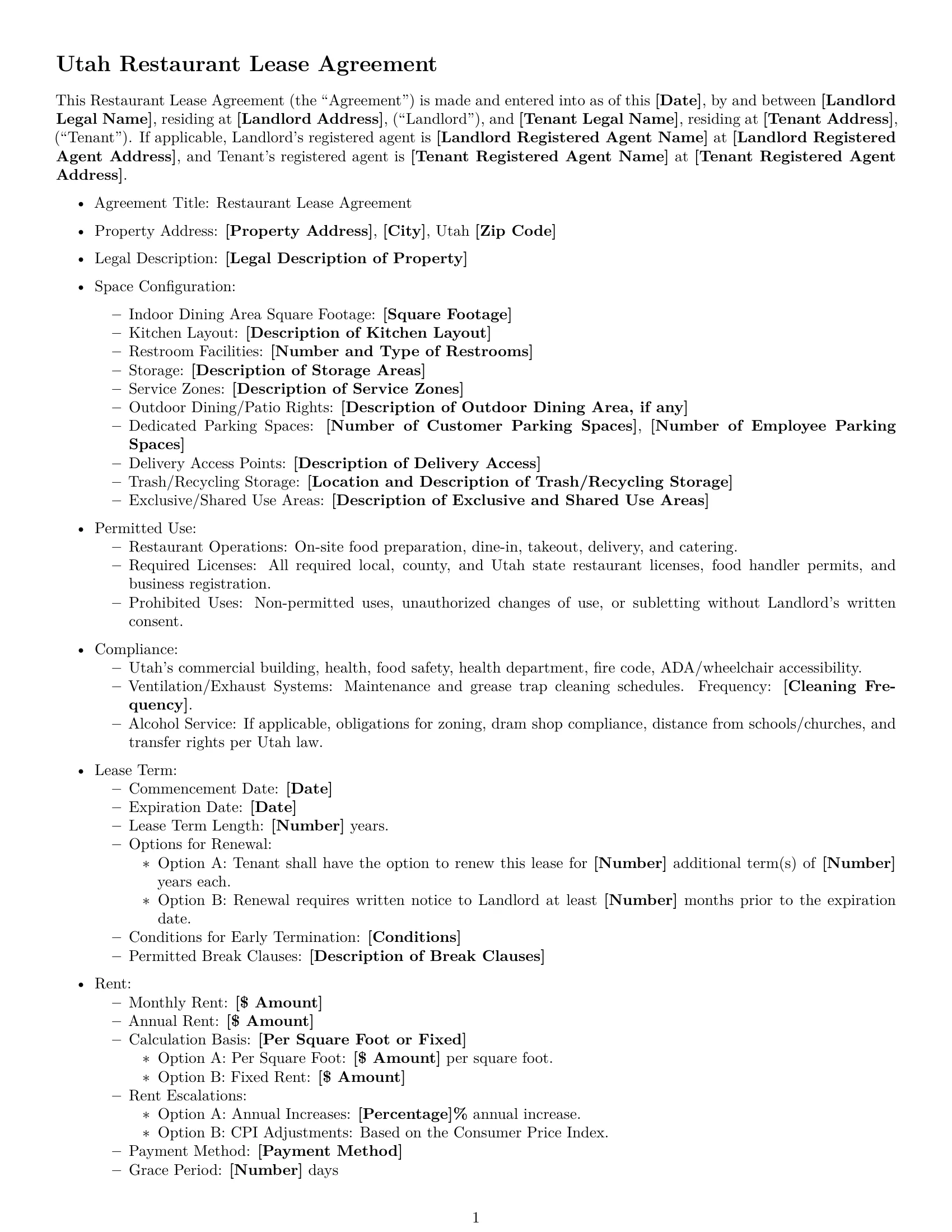 Preview page 1 of Free Utah restaurant lease agreement template