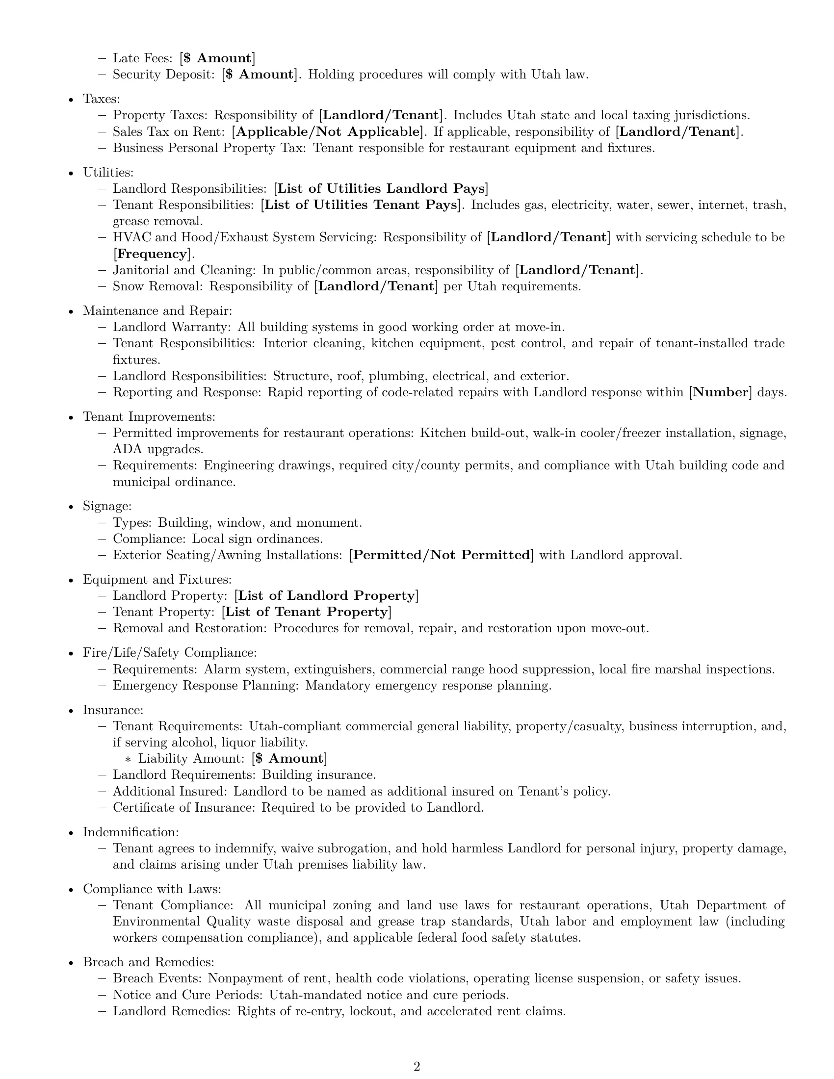 Preview page 2 of Free Utah restaurant lease agreement template