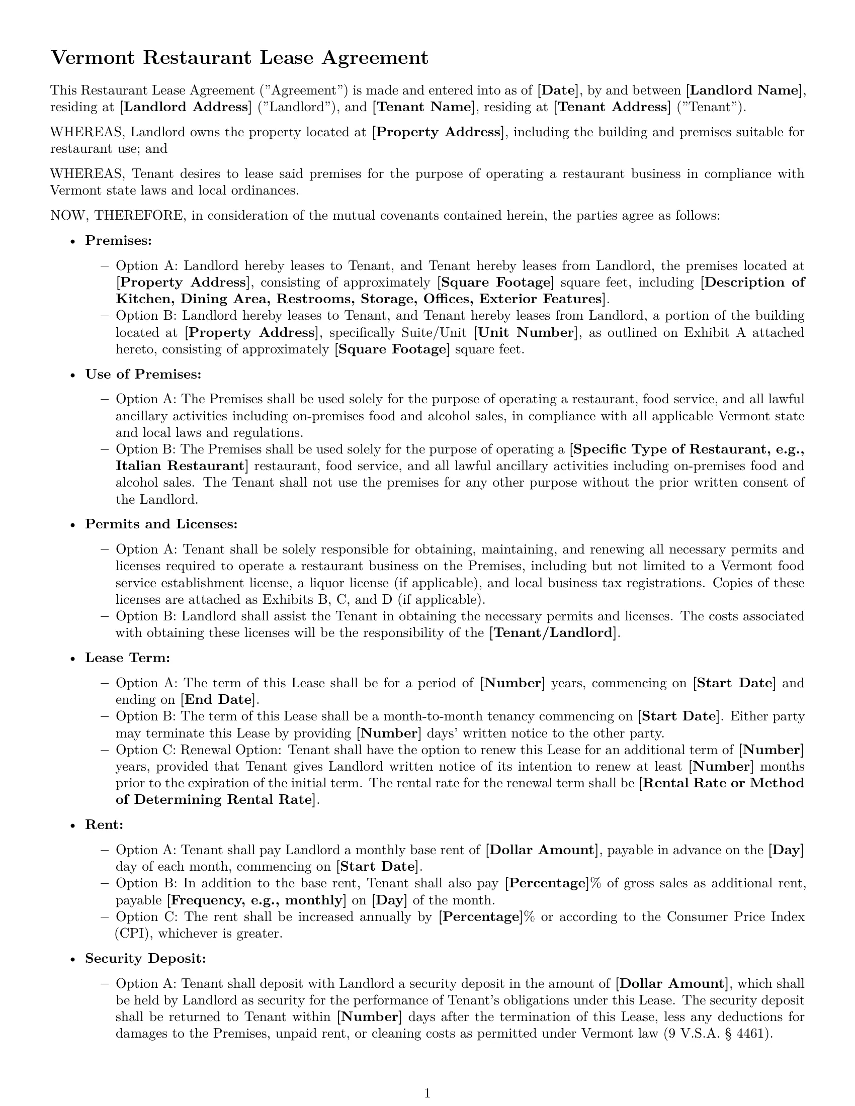 Preview page 1 of Free Vermont restaurant lease agreement template