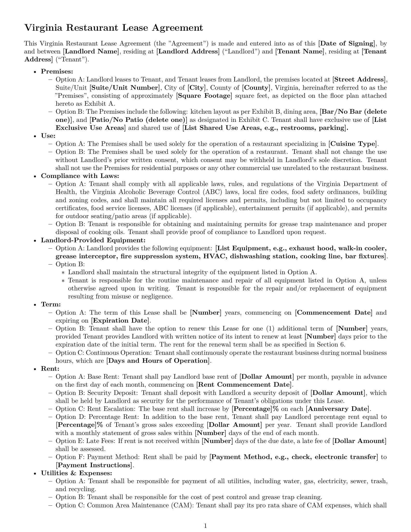 Preview page 1 of Free Virginia restaurant lease agreement template