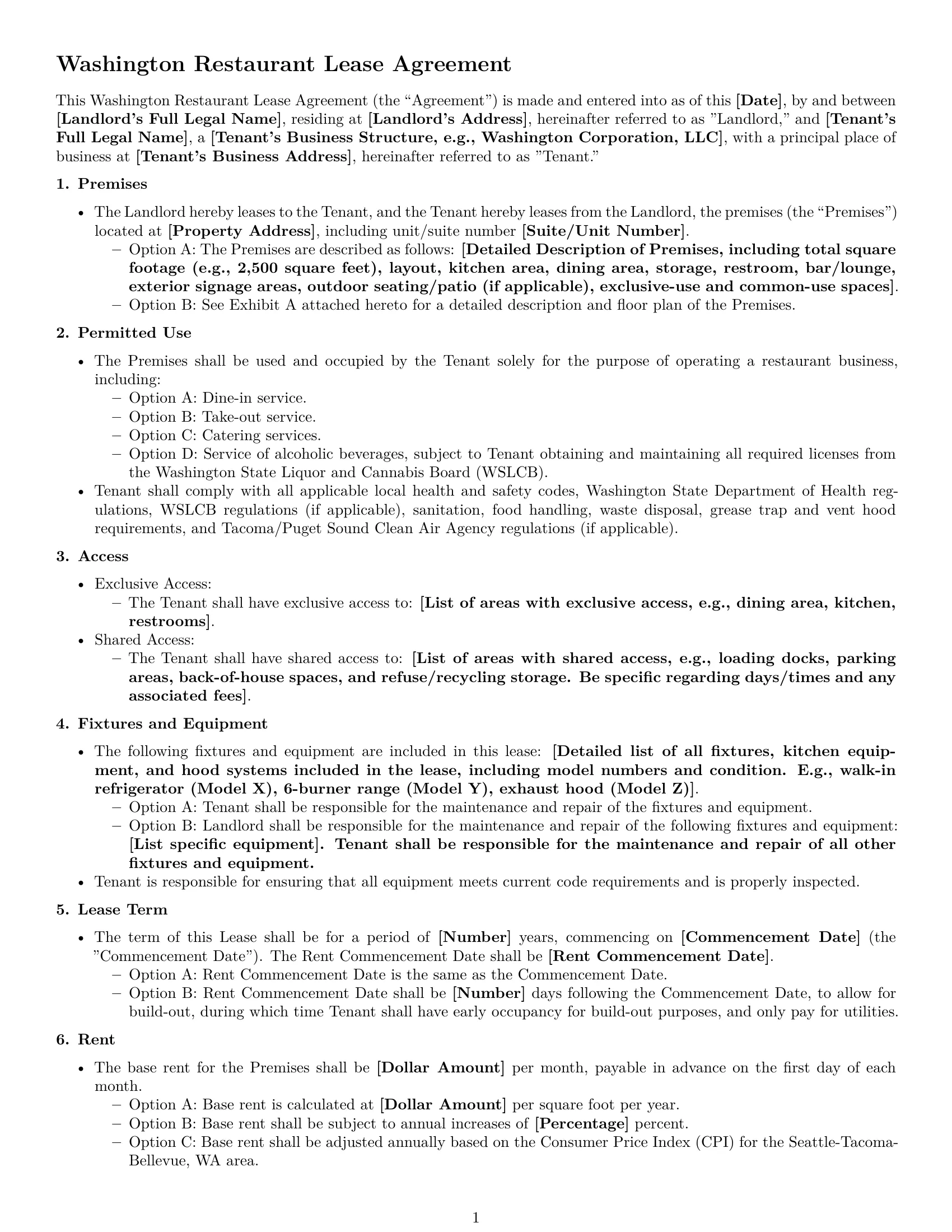 Preview page 1 of Free Washington restaurant lease agreement template