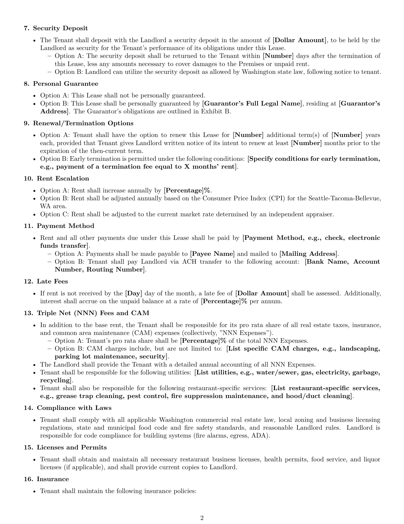 Preview page 2 of Free Washington restaurant lease agreement template