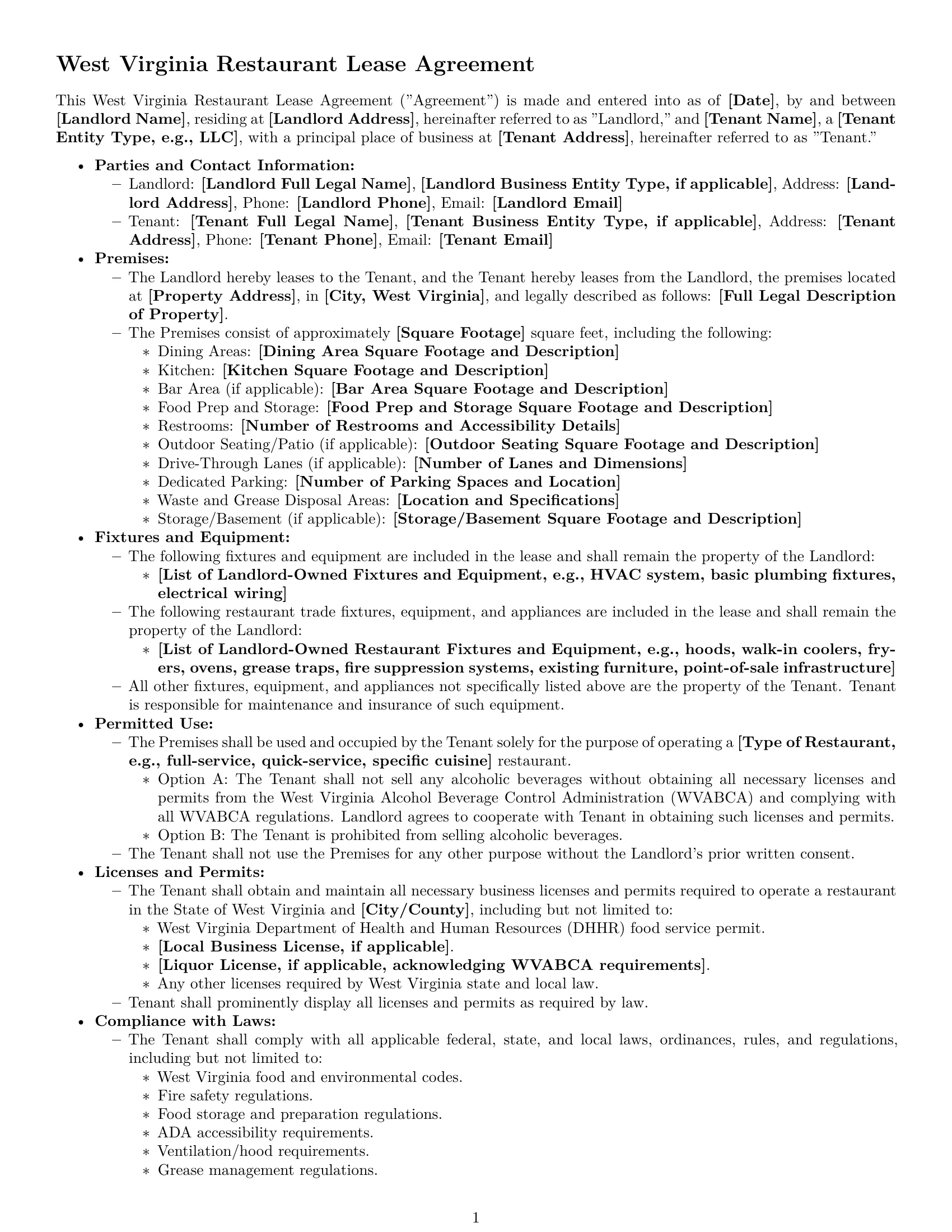 Preview page 1 of Free West Virginia restaurant lease agreement template
