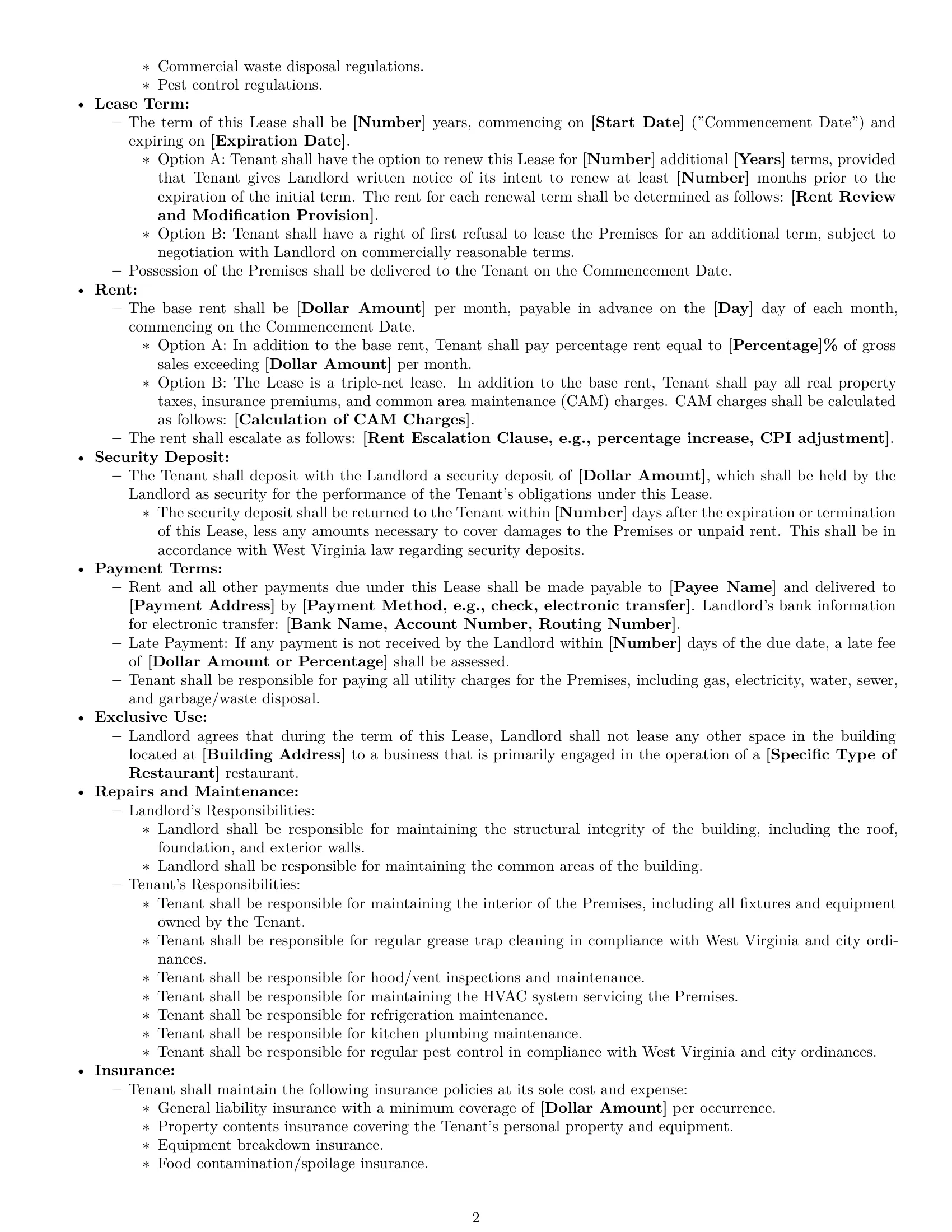 Preview page 2 of Free West Virginia restaurant lease agreement template