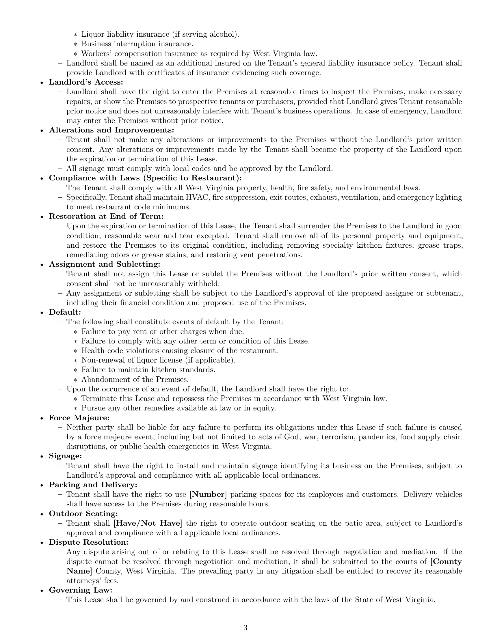 Preview page 3 of Free West Virginia restaurant lease agreement template