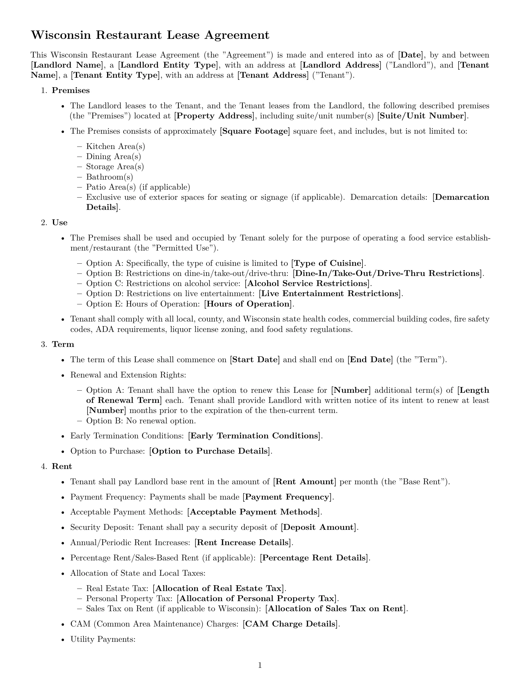 Preview page 1 of Free Wisconsin restaurant lease agreement template