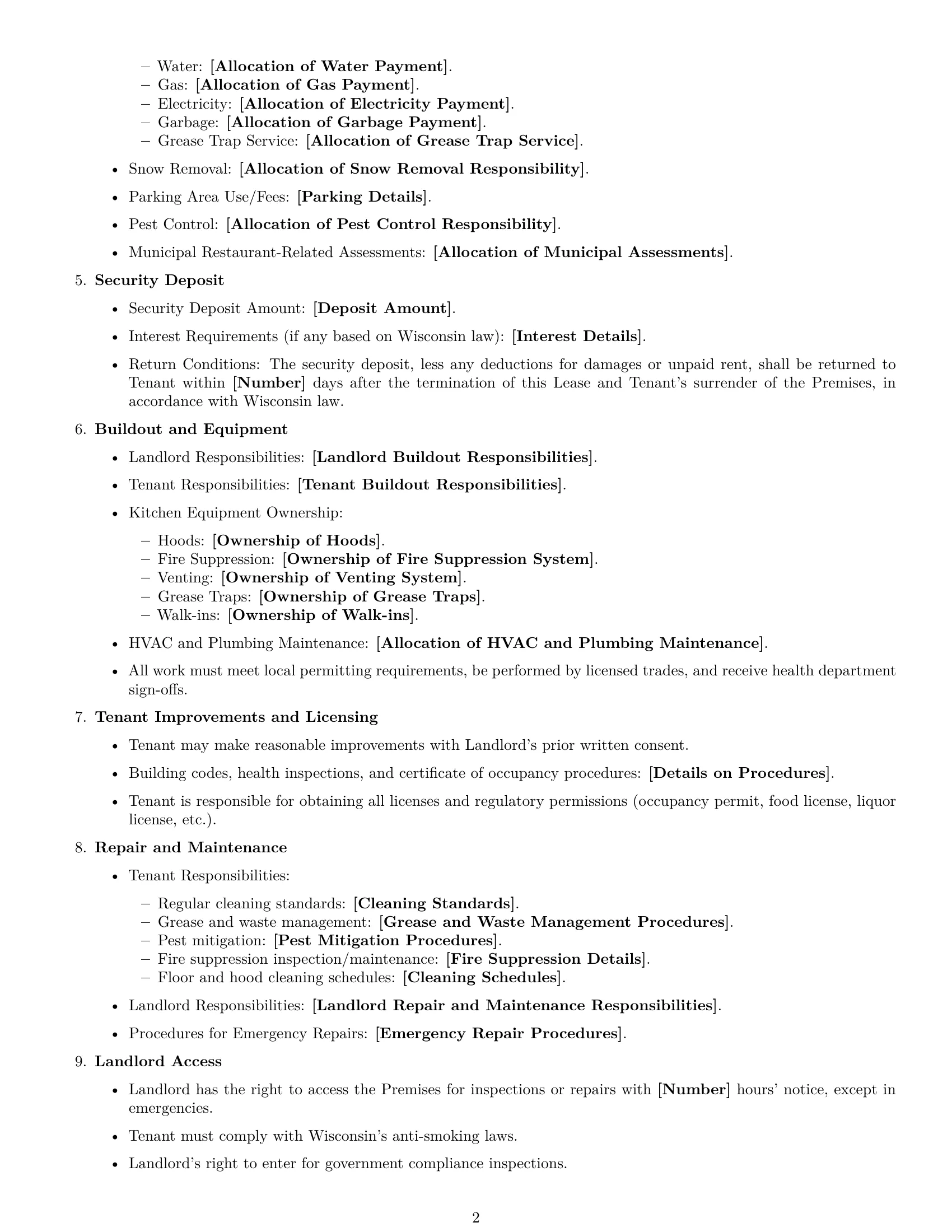 Preview page 2 of Free Wisconsin restaurant lease agreement template