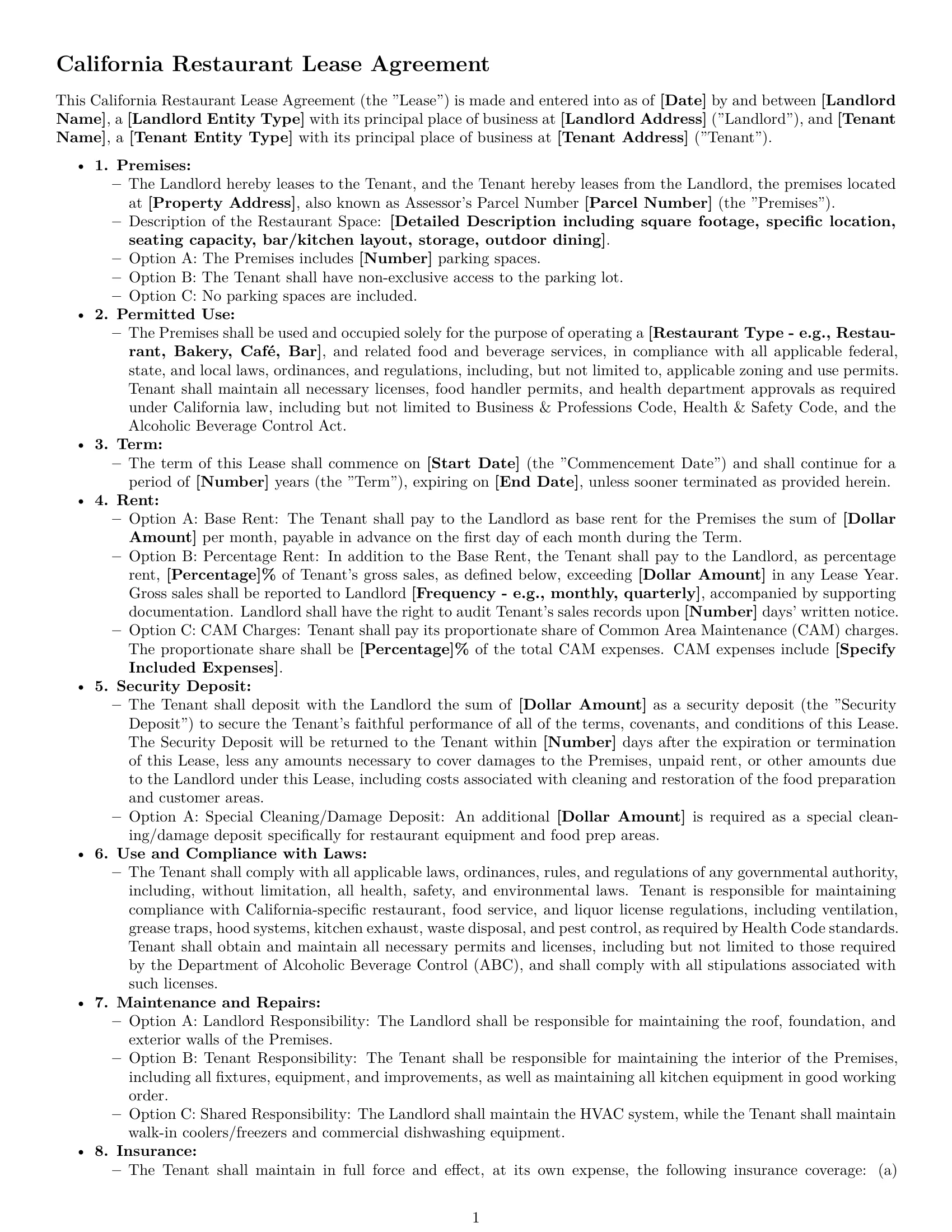 Preview page 1 of Free California restaurant lease agreement template