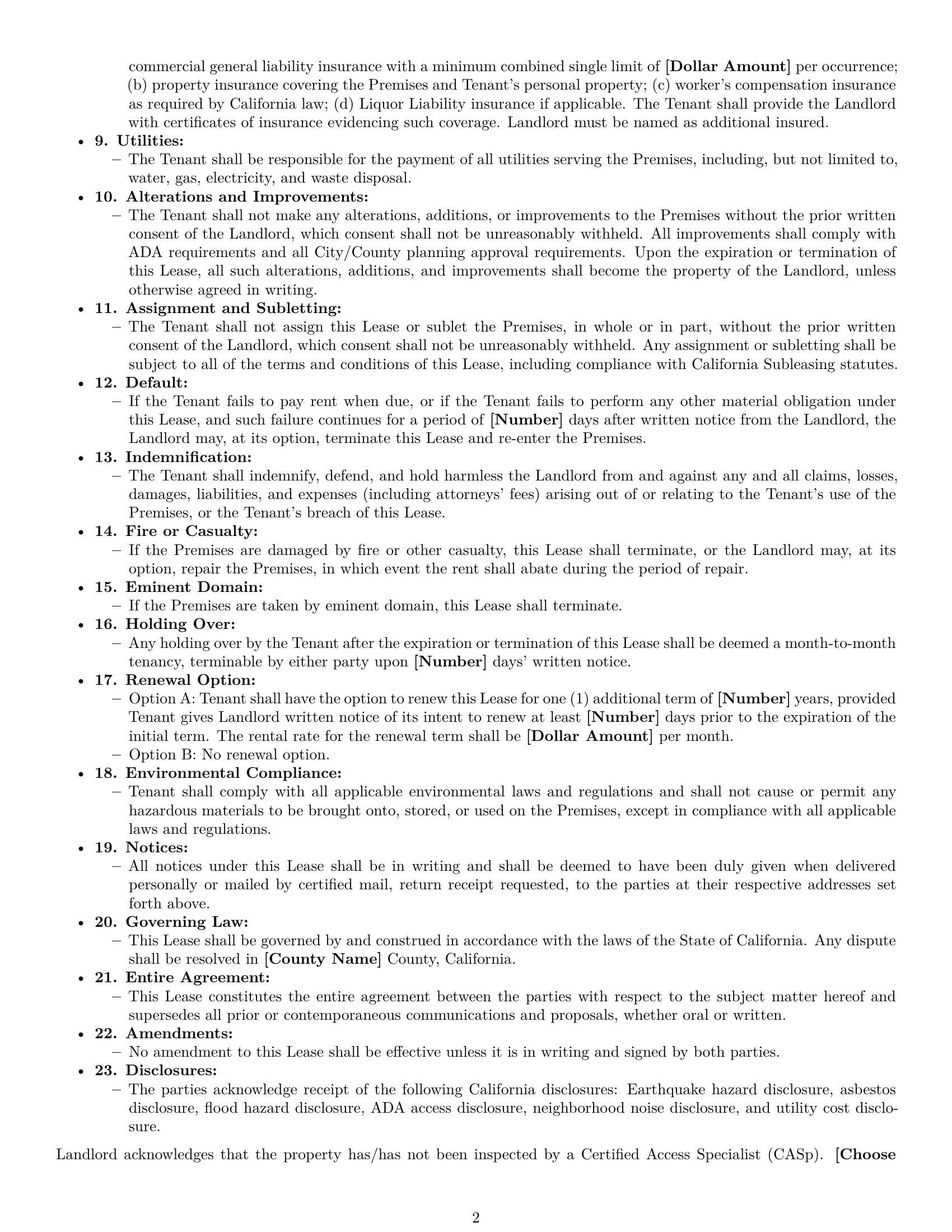 Preview page 2 of Free California restaurant lease agreement template