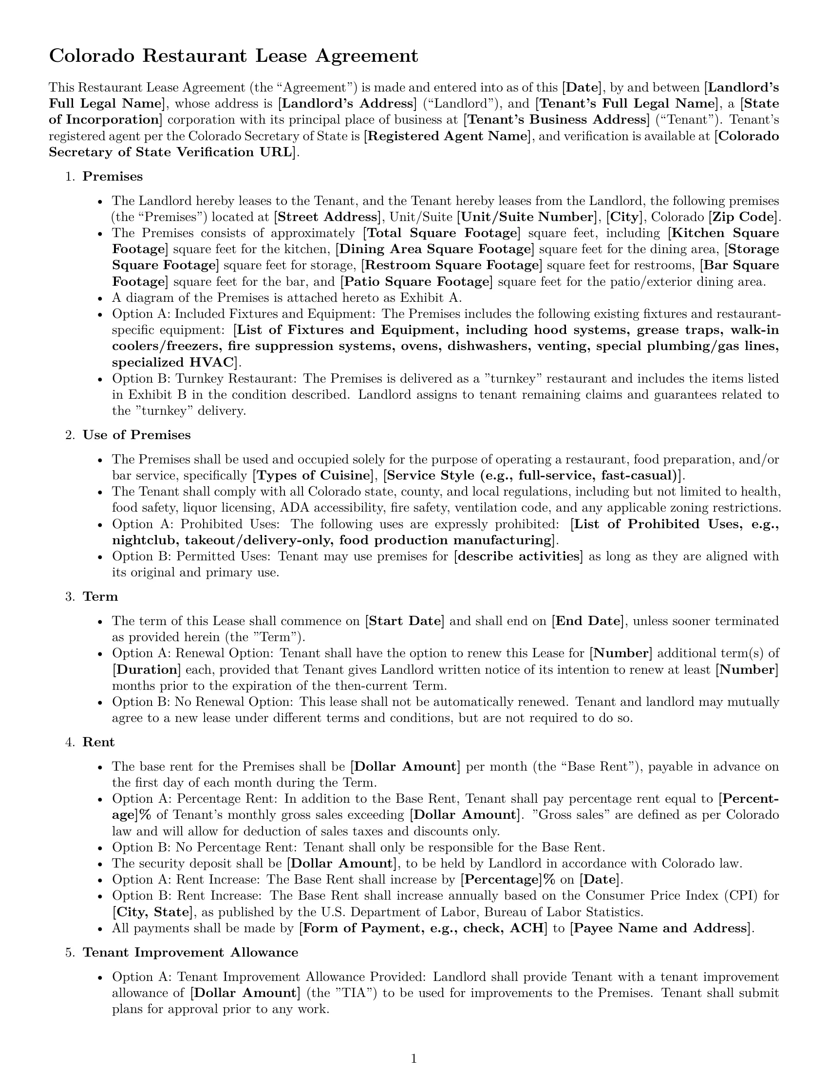 Preview page 1 of Free Colorado restaurant lease agreement template