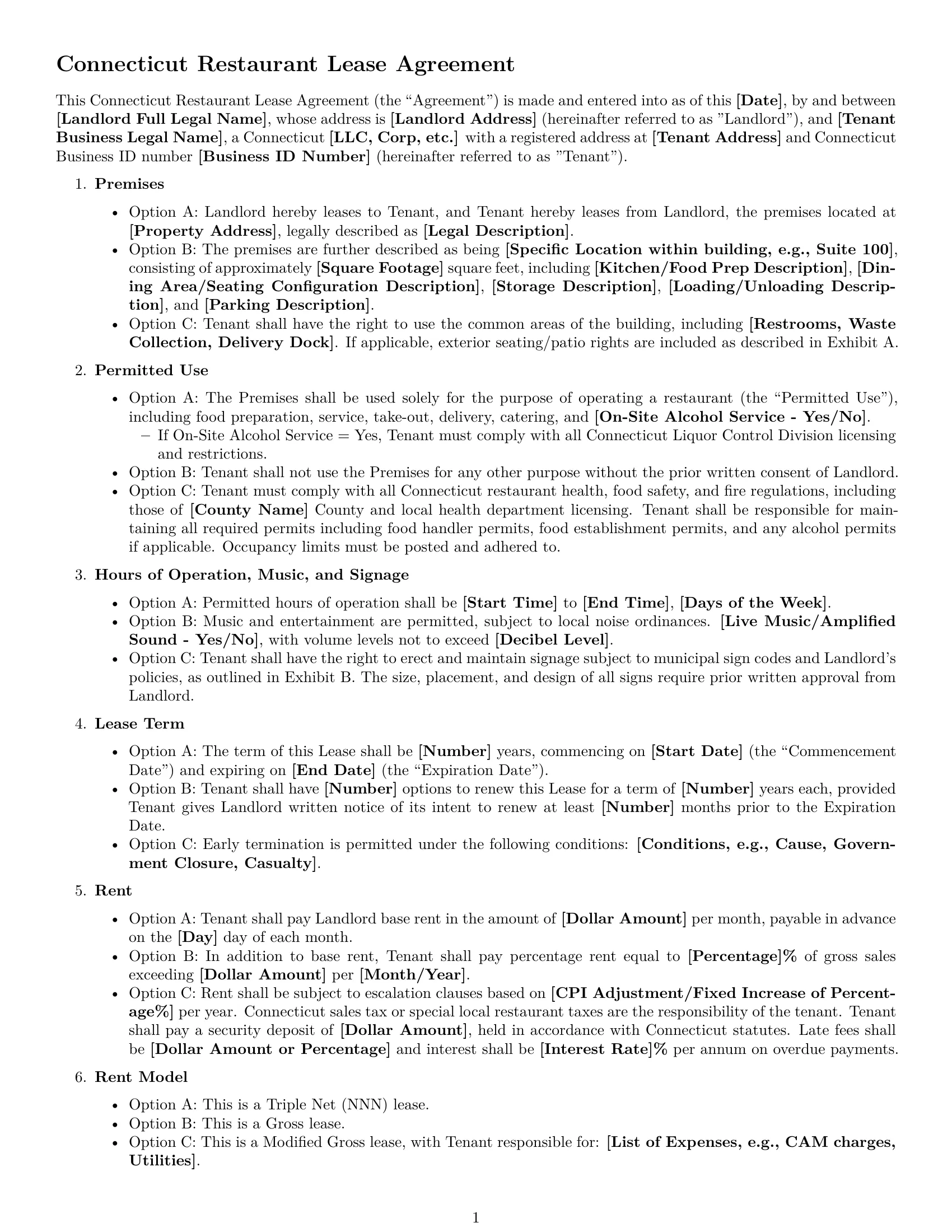 Preview page 1 of Free Connecticut restaurant lease agreement template