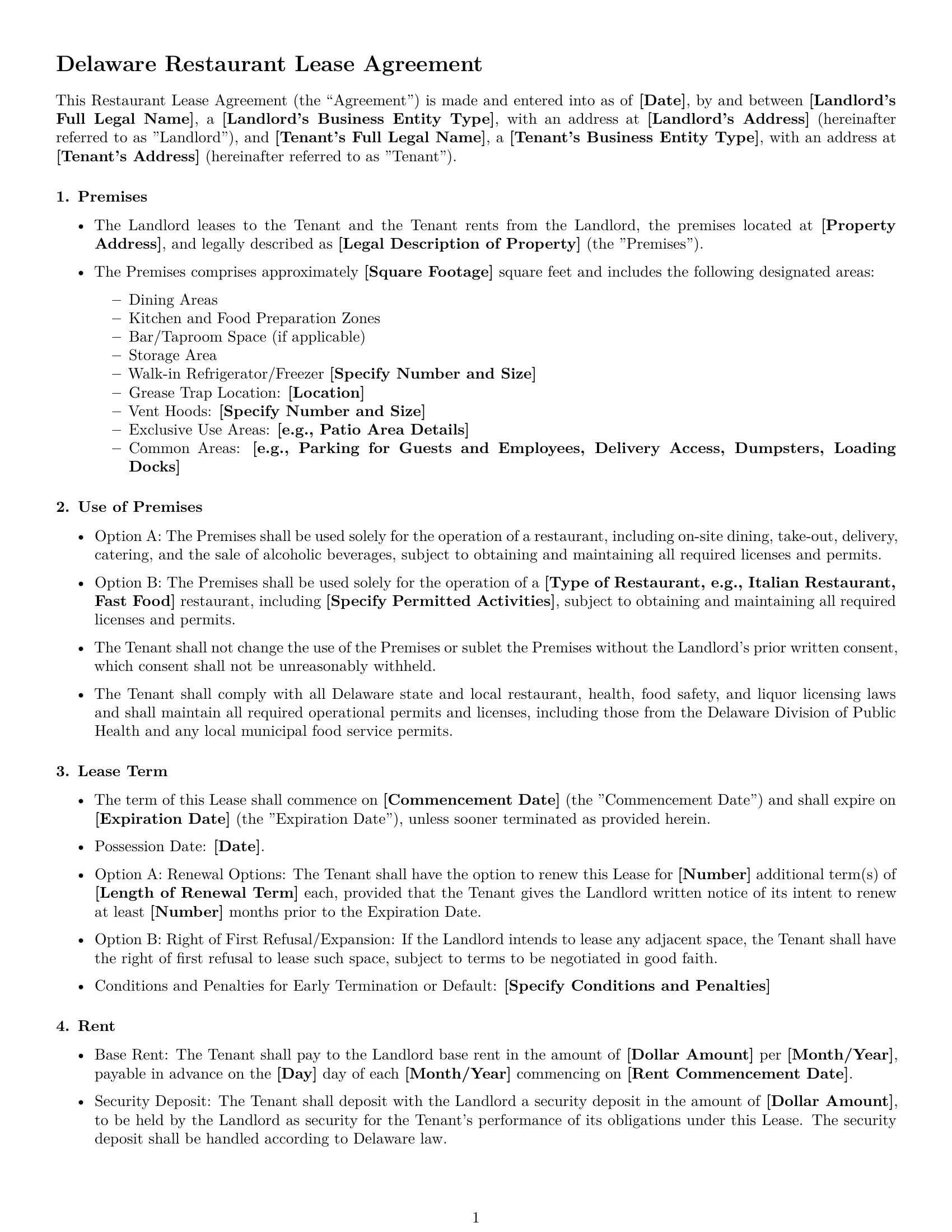 Preview page 1 of Free Delaware restaurant lease agreement template