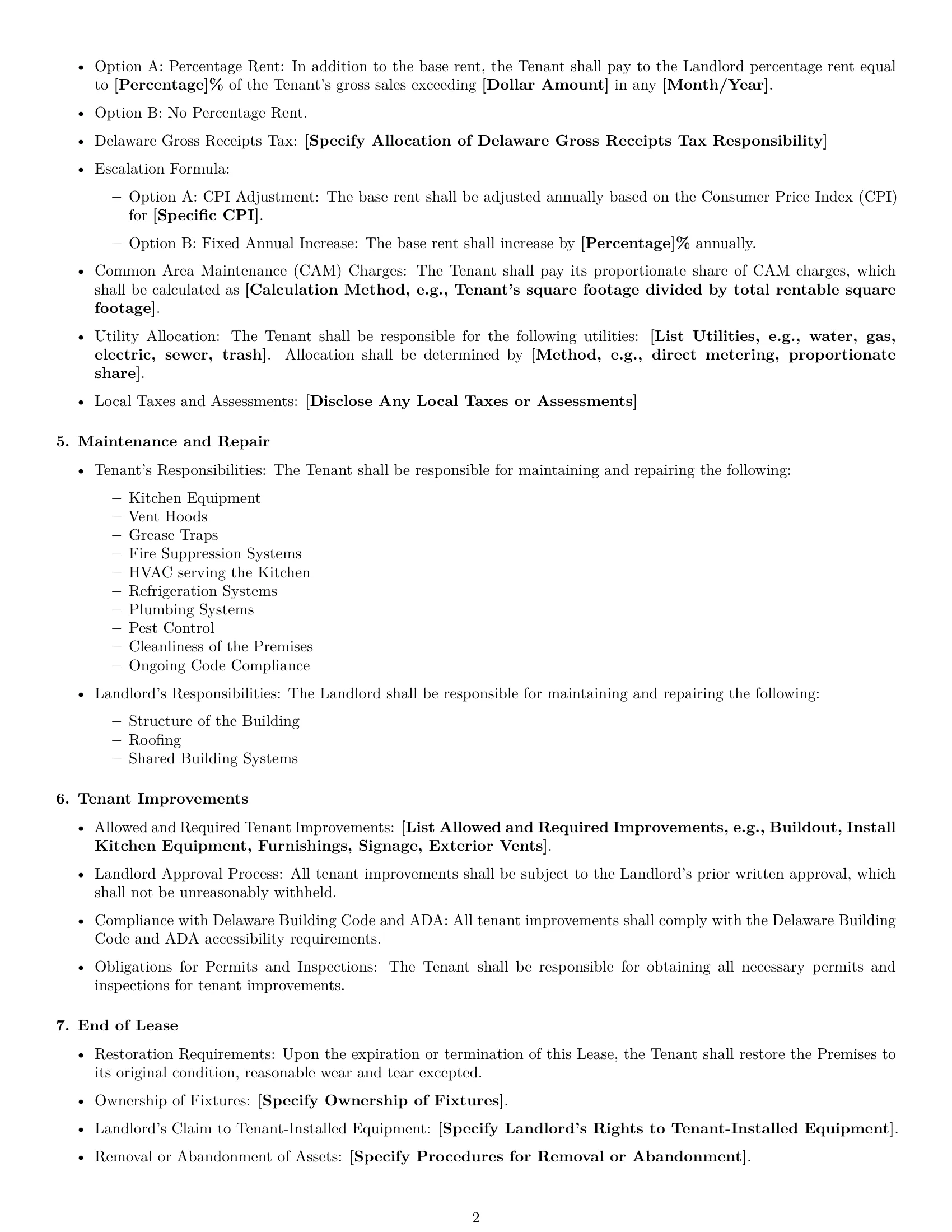 Preview page 2 of Free Delaware restaurant lease agreement template
