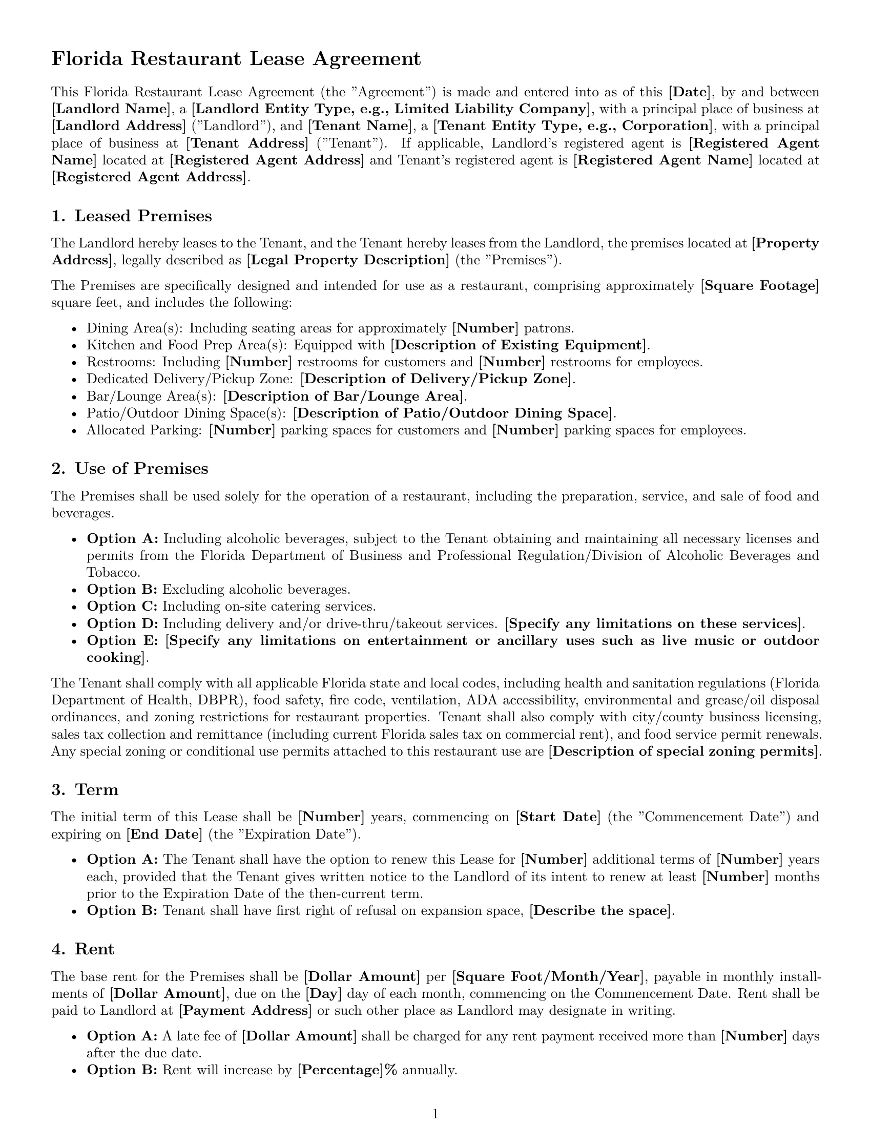 Preview page 1 of Free Florida restaurant lease agreement template