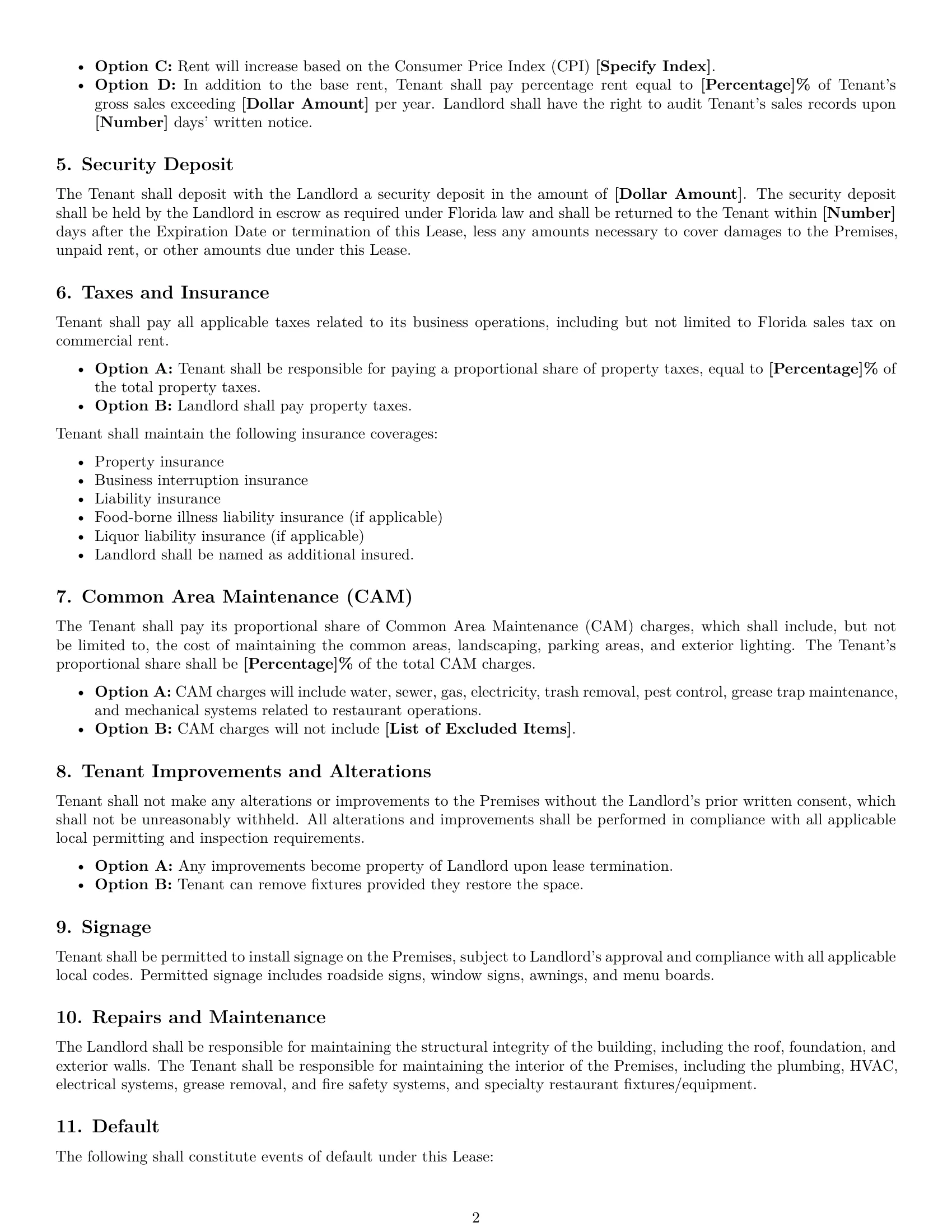 Preview page 2 of Free Florida restaurant lease agreement template