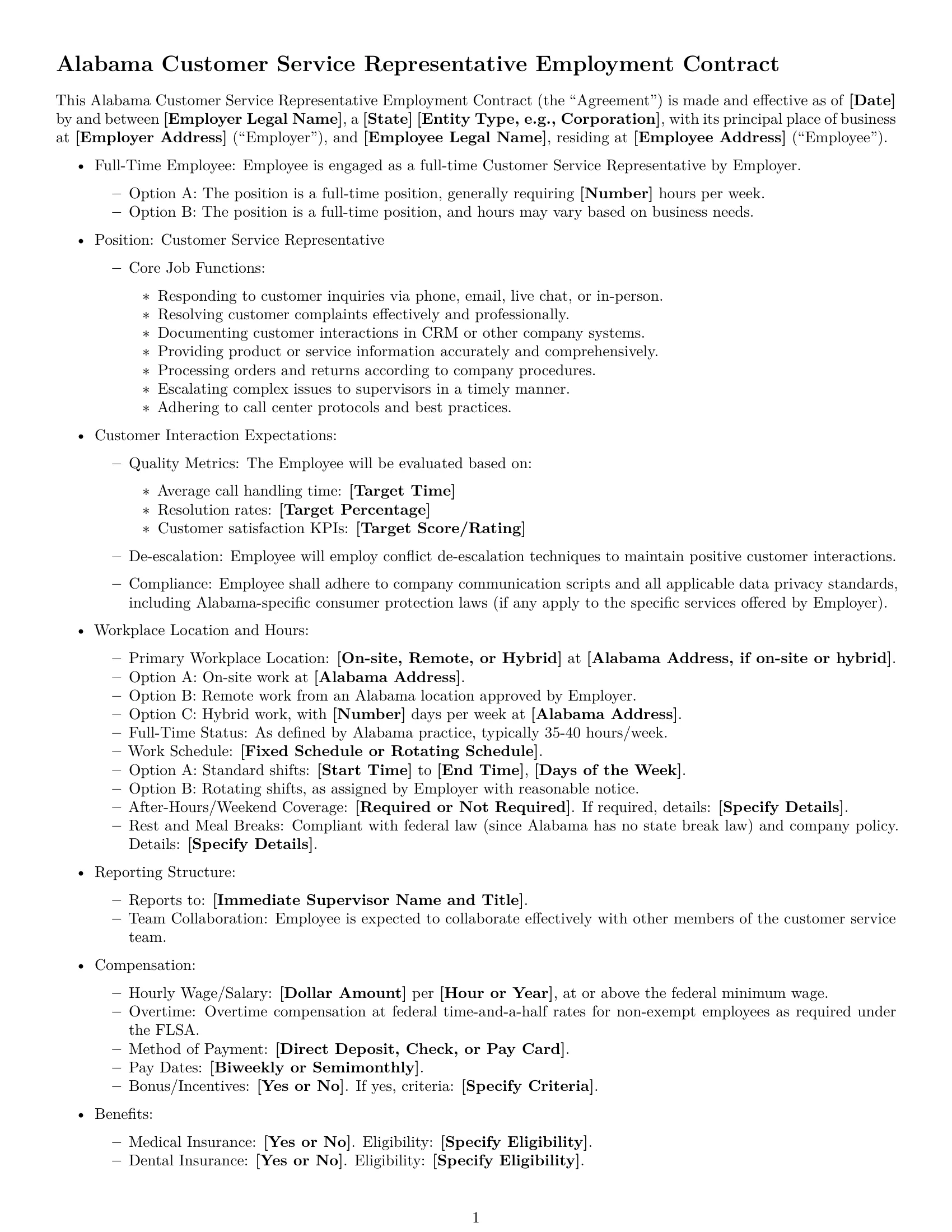 Preview page 1 of Free Alabama customer service representative employment contract template