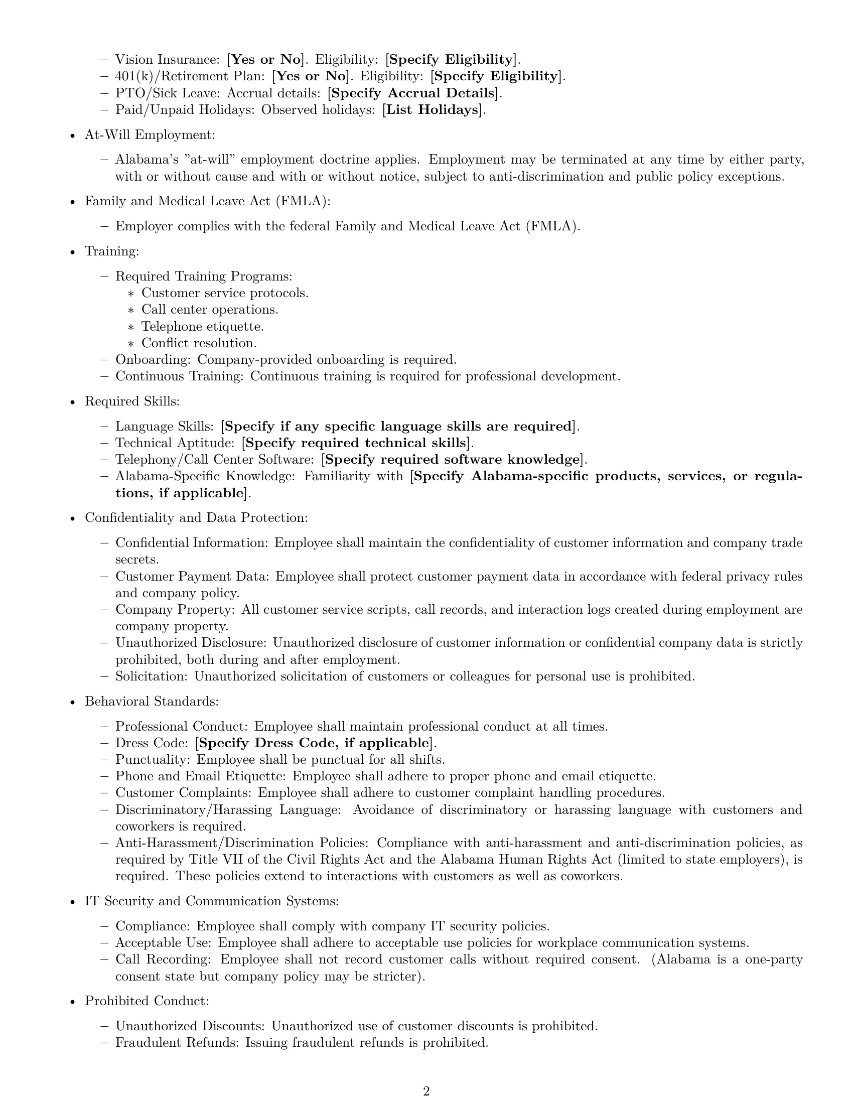 Preview page 2 of Free Alabama customer service representative employment contract template