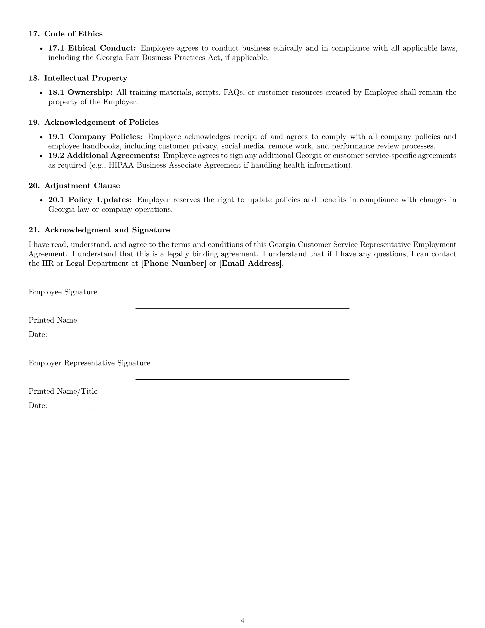Preview page 4 of Free Georgia customer service representative employment contract template