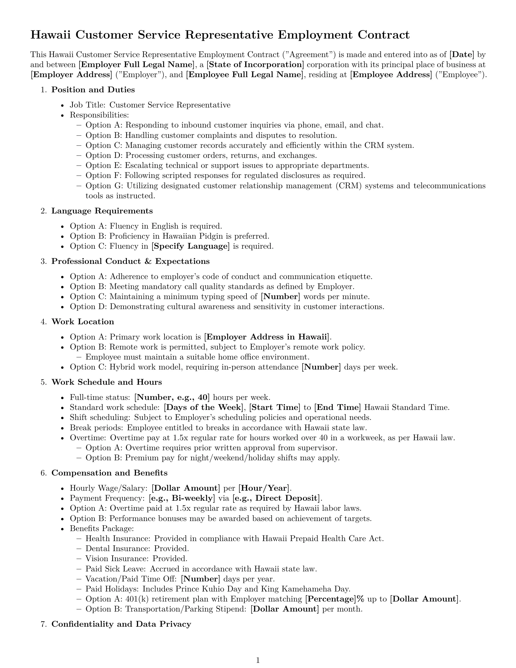 Preview page 1 of Free Hawaii customer service representative employment contract template