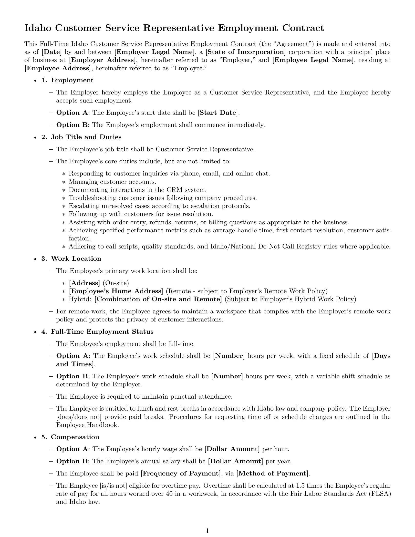 Preview page 1 of Free Idaho customer service representative employment contract template