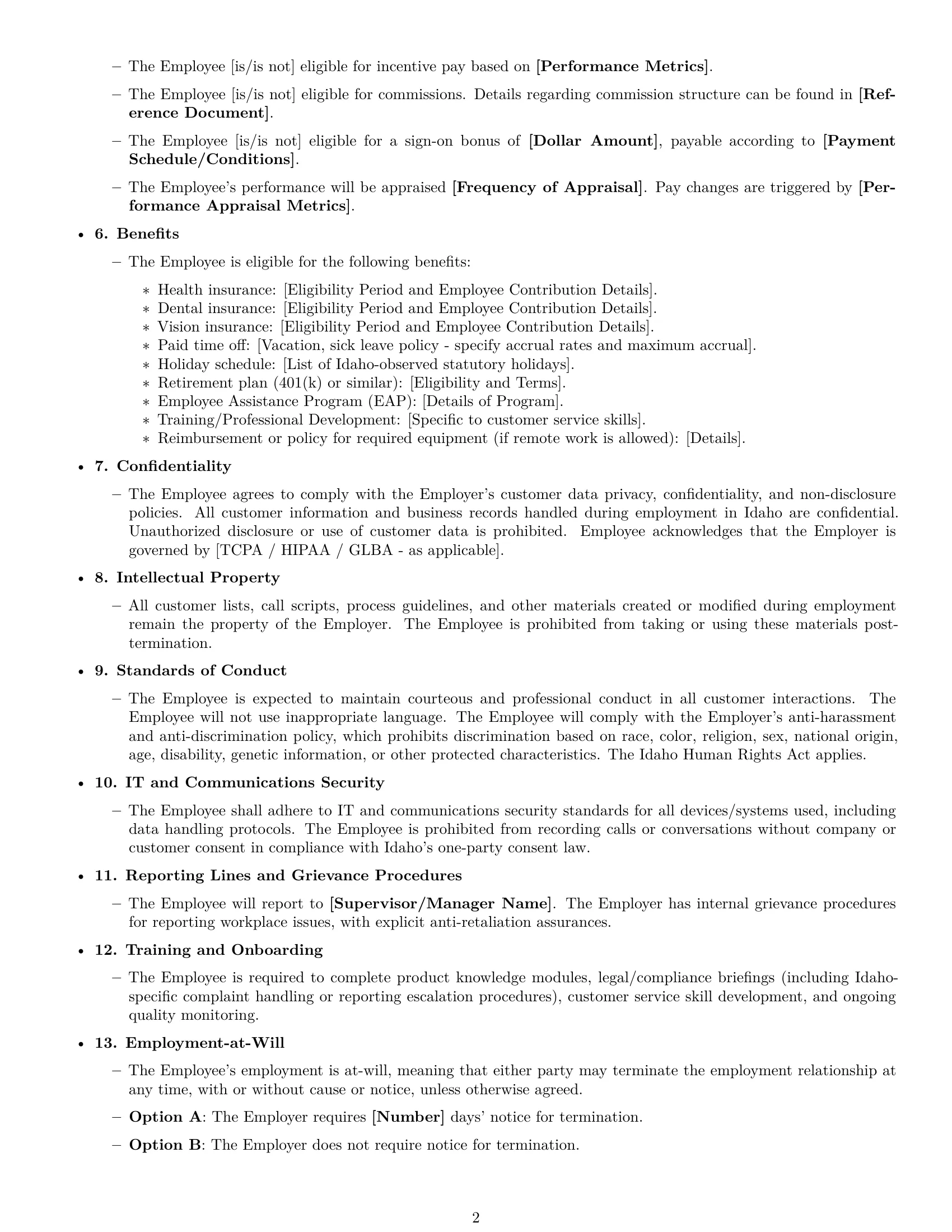 Preview page 2 of Free Idaho customer service representative employment contract template
