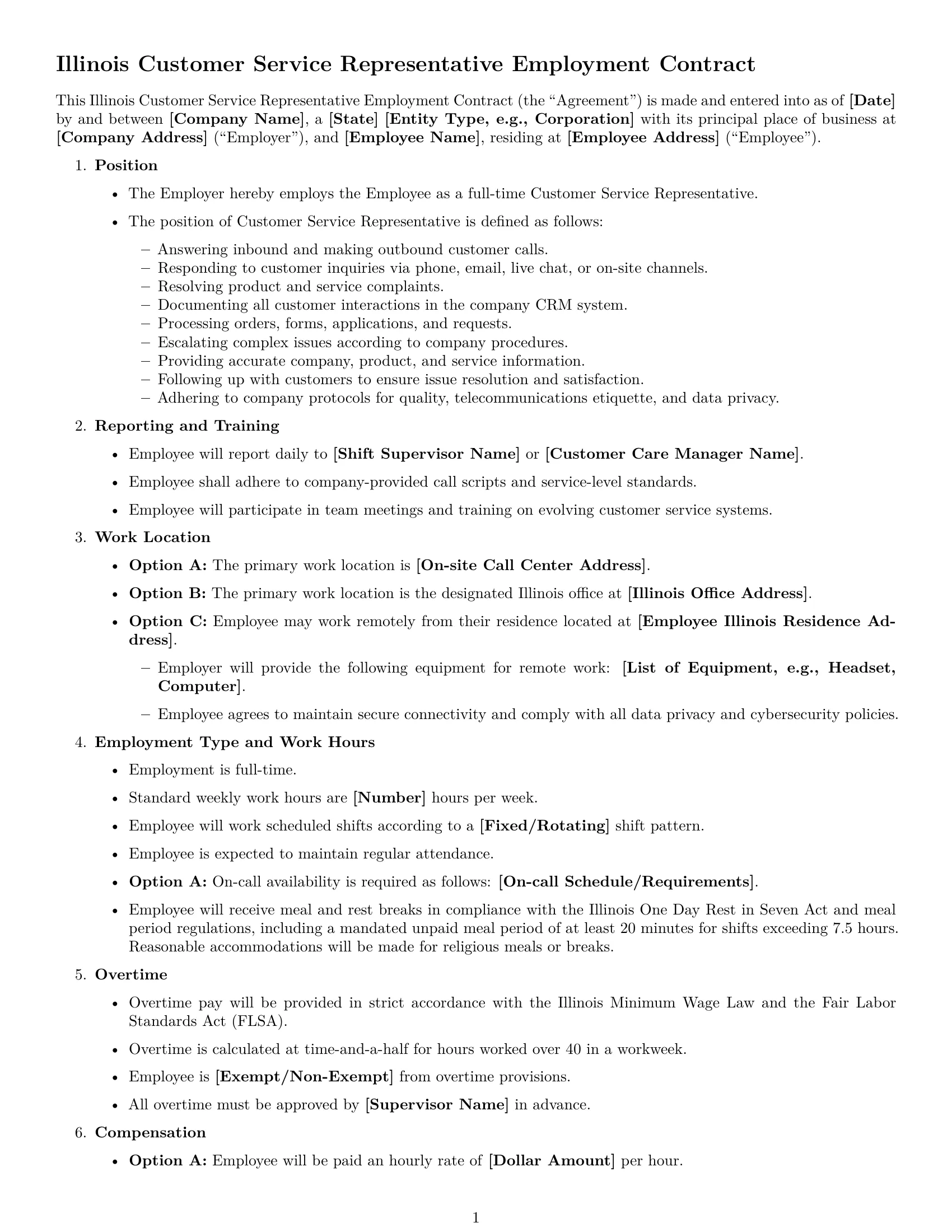 Preview page 1 of Free Illinois customer service representative employment contract template